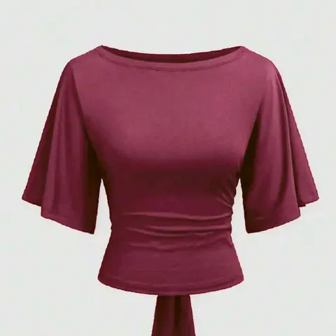 Women's Stretchy Slim-Fit Solid Boat Neck Tie Back T-Shirt, Perfect for Office, School & Daily Wear, Spring & Fall Top
