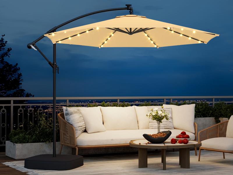 Erommy 10ft Solar Lighted Patio Umbrella with Base Included, Outdoor Offset Cantilever Umbrella, Infinite Tilt, UV Protection for Backyard, Lawn, Garden & Pool