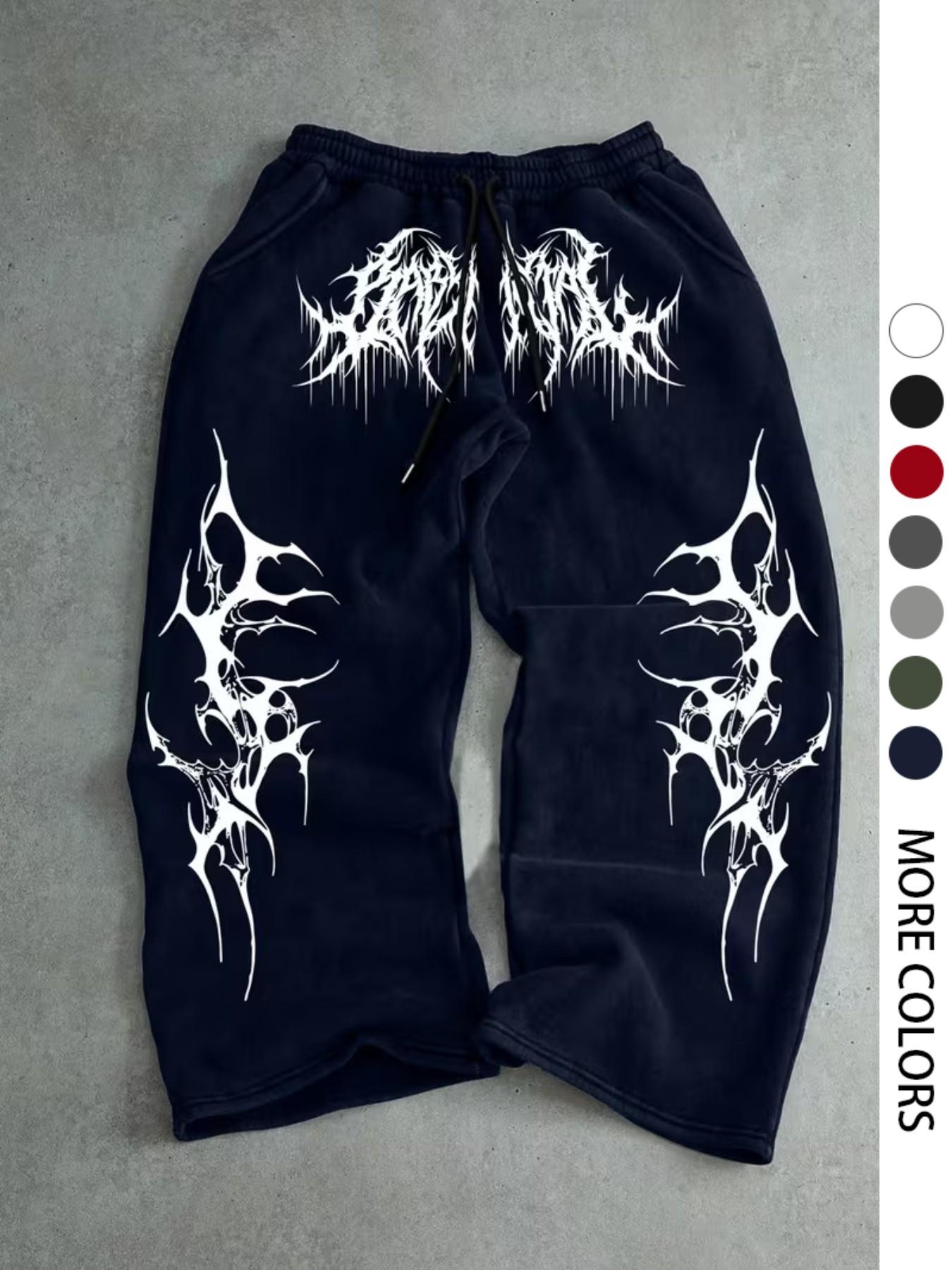 Men's Casual Sport Pants, Fringe Thorn Pattern Print Sweatpants, Drawstring Wide Leg Leisure Long Pants, Suitable for All Seasons