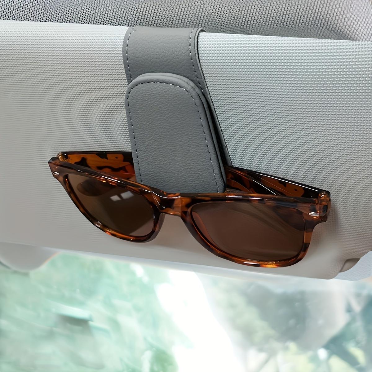 Magnetic Glasses Holder for Car Sun Visors - Synthetic Faux Leather Glasses Hanger Clip with Ticket Card Holder - Convenient for Glasses Installation