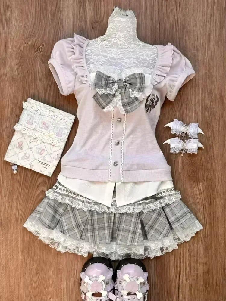 Japanese Sweet Preppy Style Skirt Set Women Kawaii Lace Patchwork Bow Tops +   Plaid Mini Skirt Elegant Outifits 2 Piece Set