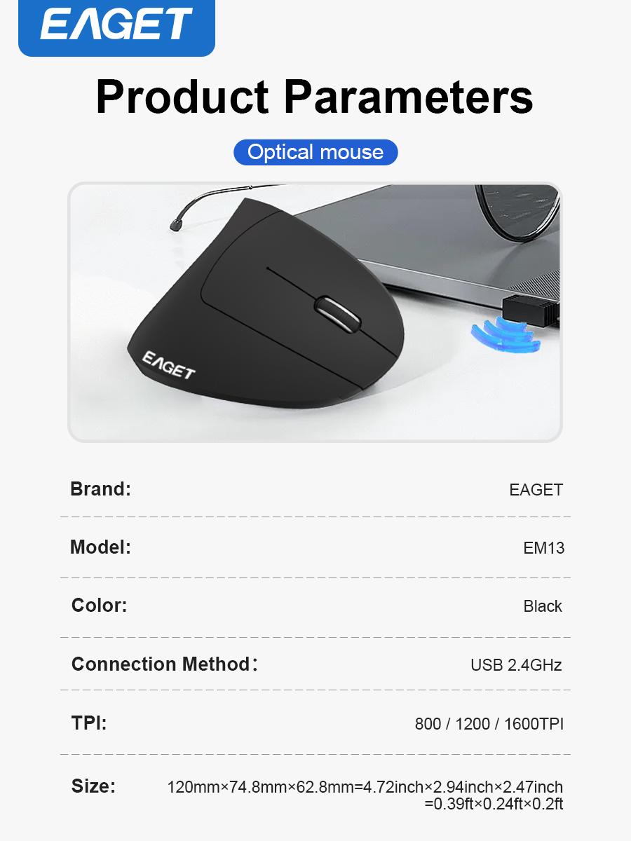EAGET Wireless Ergonomic Performance Mouse, Vertical Mouse,Optical Office Mouse, Right Hand Mouse,Gaming Mouse for Computer Laptop(Black)