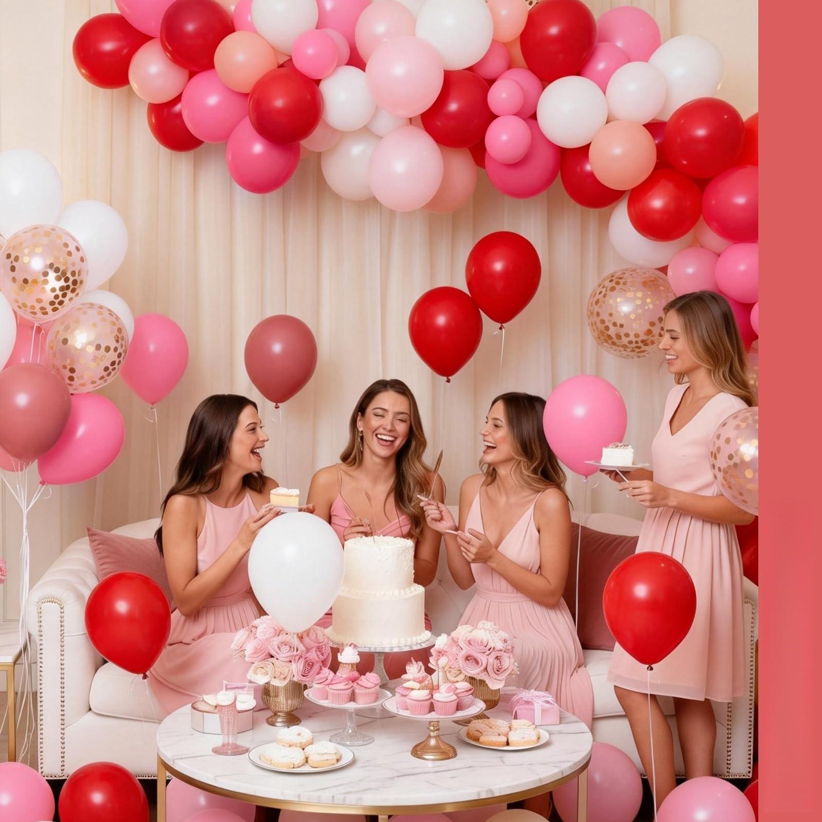 Pink and Red Balloons 66pcs10/ 12 Inch Hot Baby Pink Matte Red White Gold Confetti Balloons for Valentine's Day Engagement Weedding Bachelorette Girl Princess Birthday Party Decorations