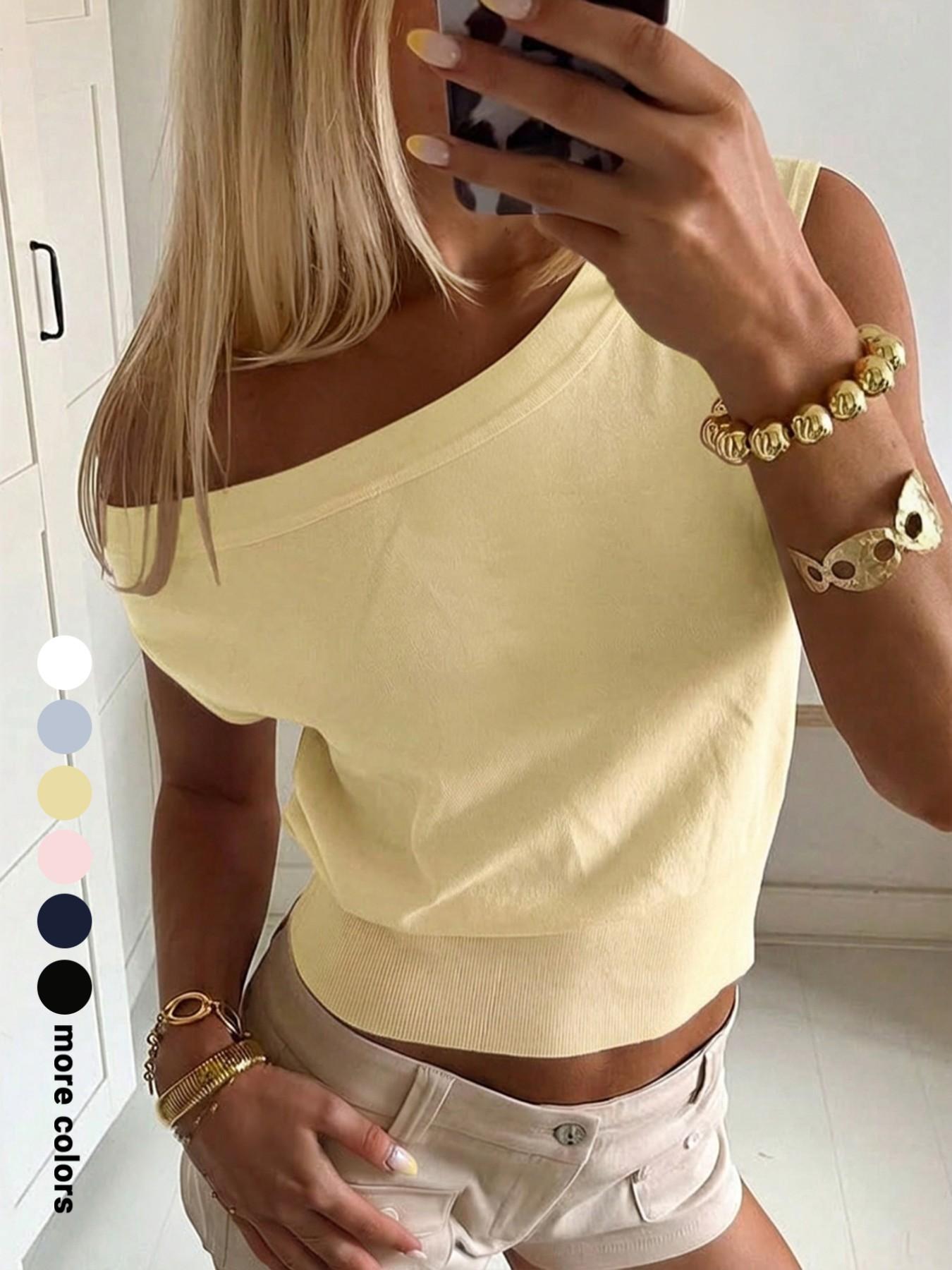 Asymmetrical One-Shoulder Knit Short-Sleeve Top, Casual Solid-Color Fitted Short Top, Versatile Basic Summer Top