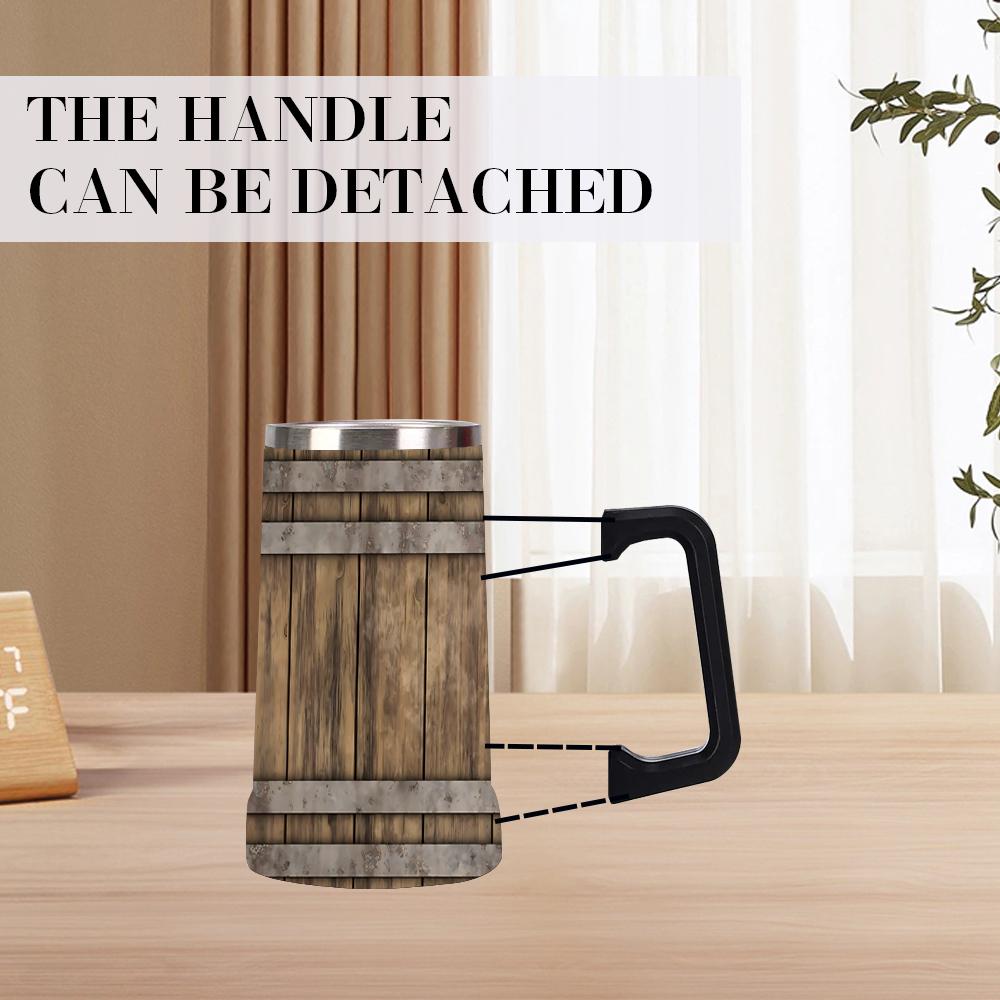 1pc 24oz Barrel Texture Stainless Steel Beer Mug With Big Handle, Vintage Rustic Wood Barrel Print Double Wall Insulated Travel Coffee Beer Cup, Leakproof Large Capacity Water Tumbler For Bar Pub Camping, Retro Western Gift For Men Beer Lovers