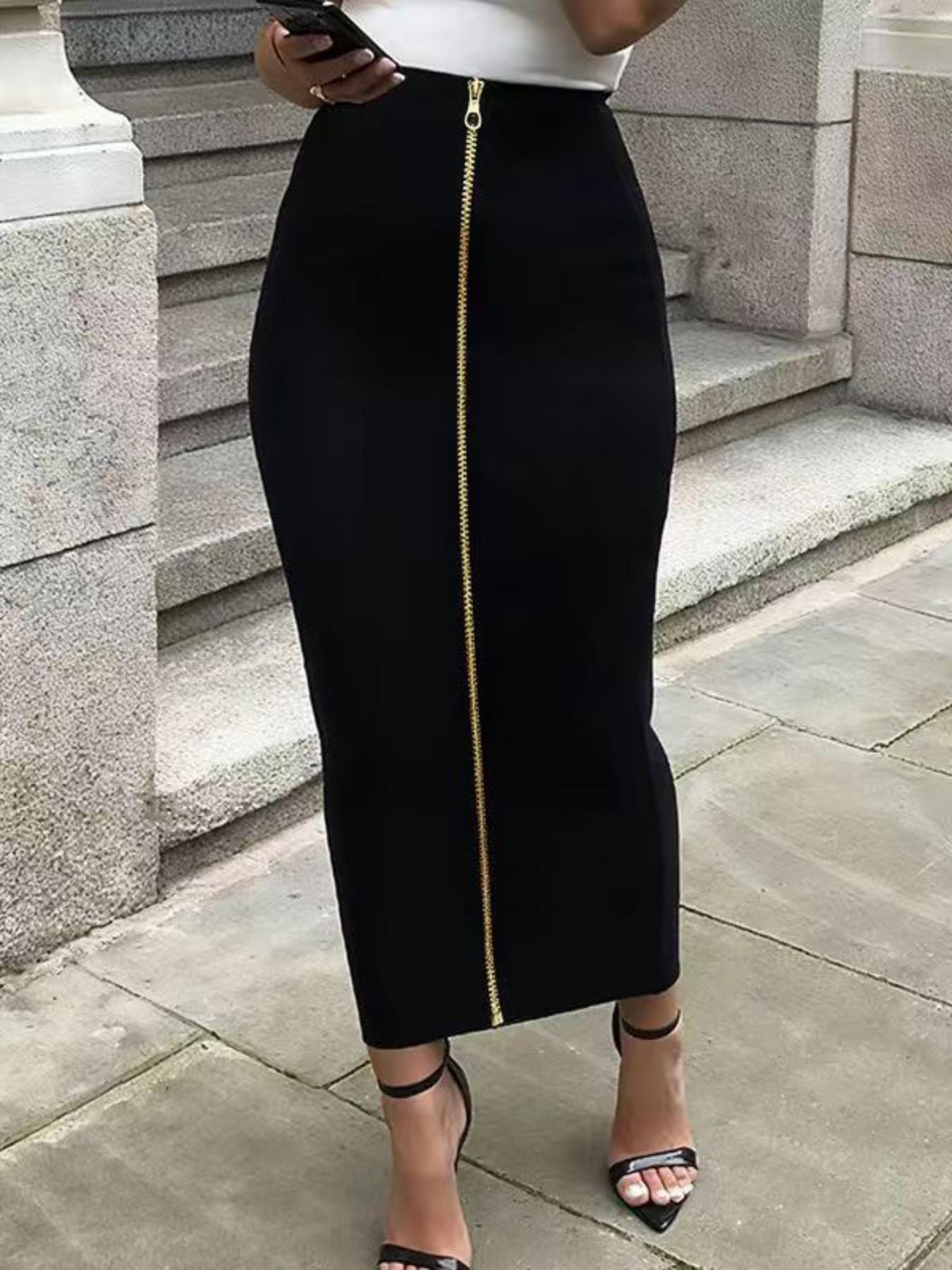 Women's High-Waisted Bodycon Skirt, Metal Zipper, Metallic, Slim-Fitting, Fitted Skirt, Long, Elegant, Chic, Office Wear, All Seasons, Plain Pattern, Womenswear