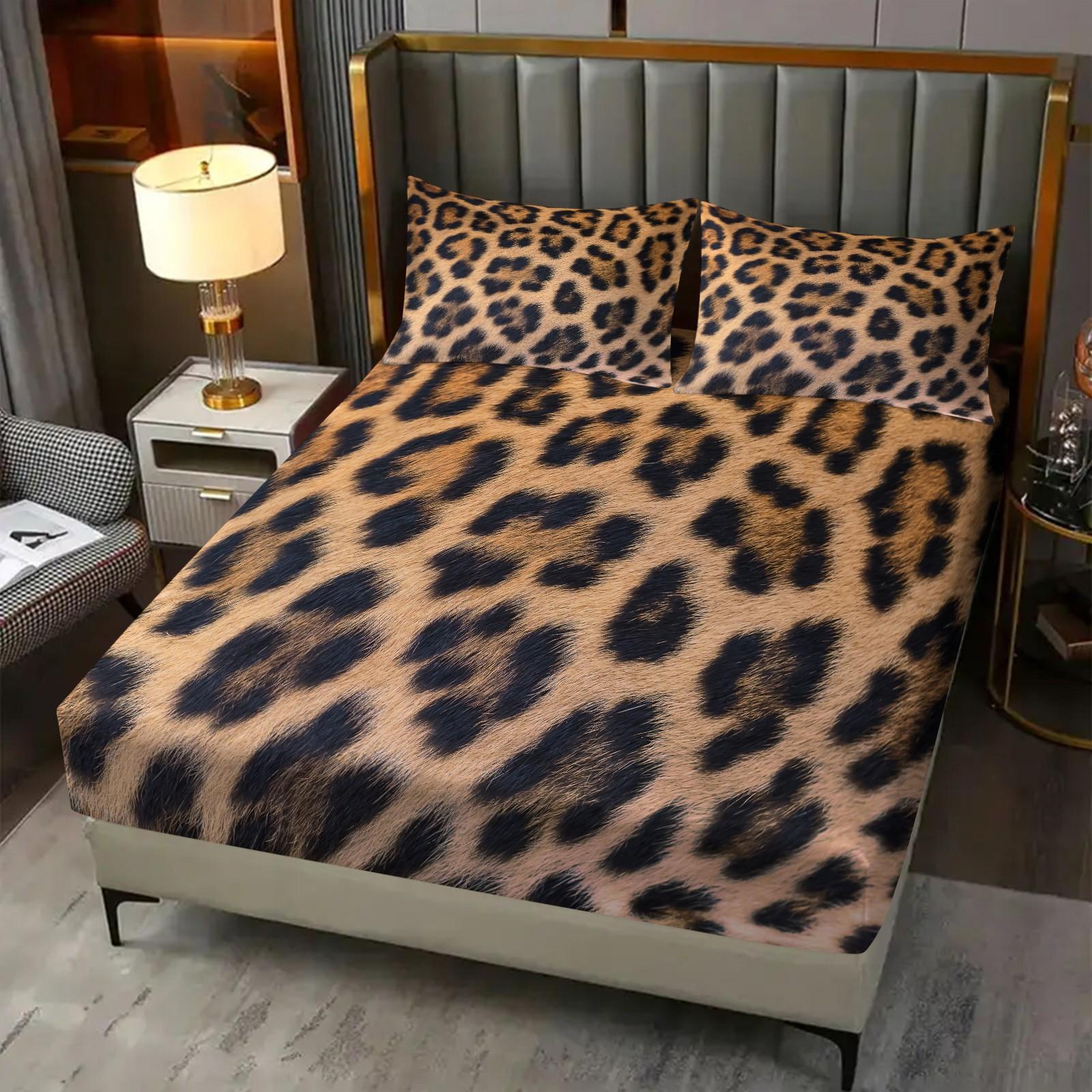 3pcs Leopard Print Fitted Sheet Set, Faux Fur Look Leopard Bed Sheet Set, Soft Microfiber Bedding Set (No Filler), Luxury Wild Animal Print Decor for Kids Boys Girls Bedroom & Dorm Room