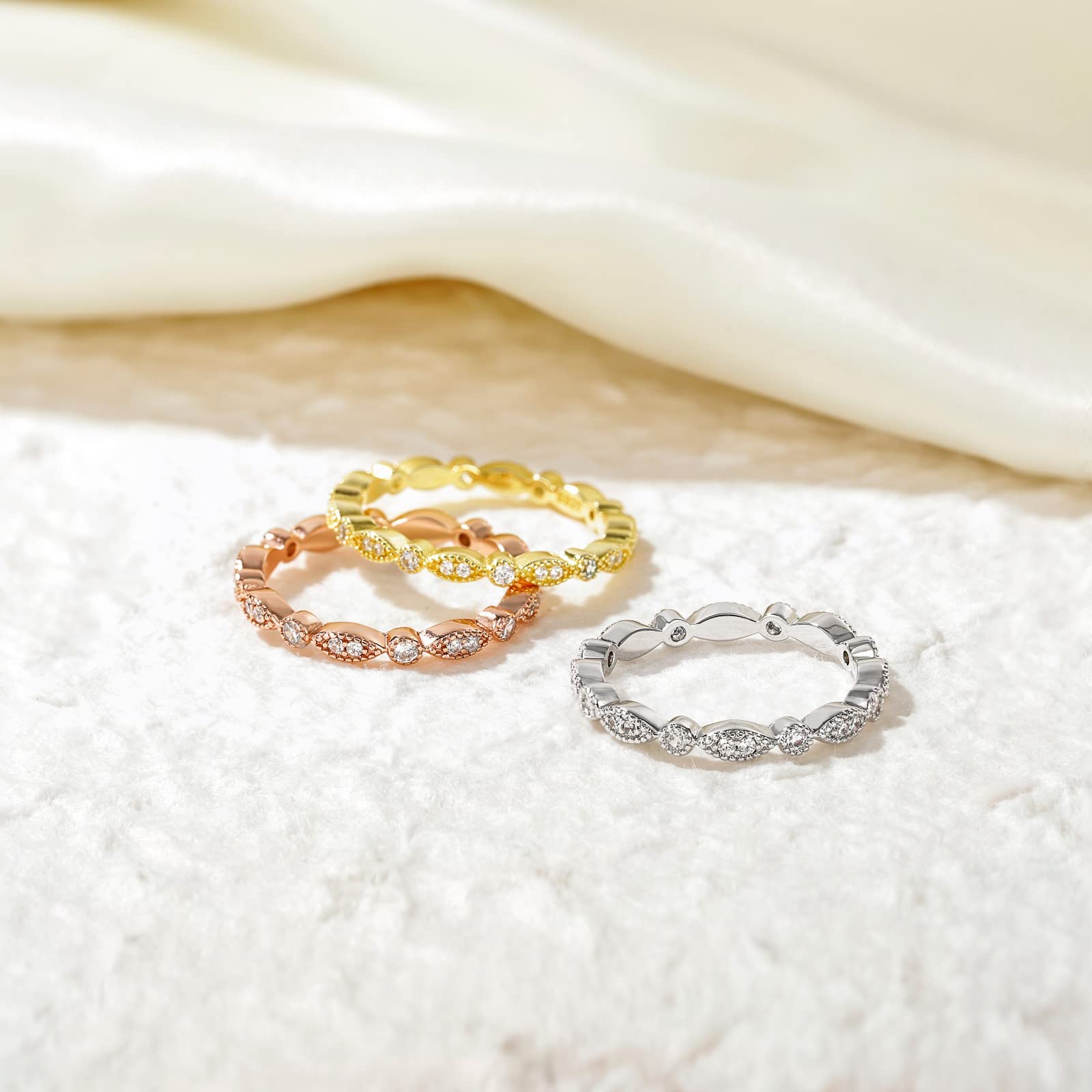 EAMTI 925 Sterling Silver Wedding Band for Women Cubic Zirconia Marquise & Round Milgrain Full Eternity Stackable Ring