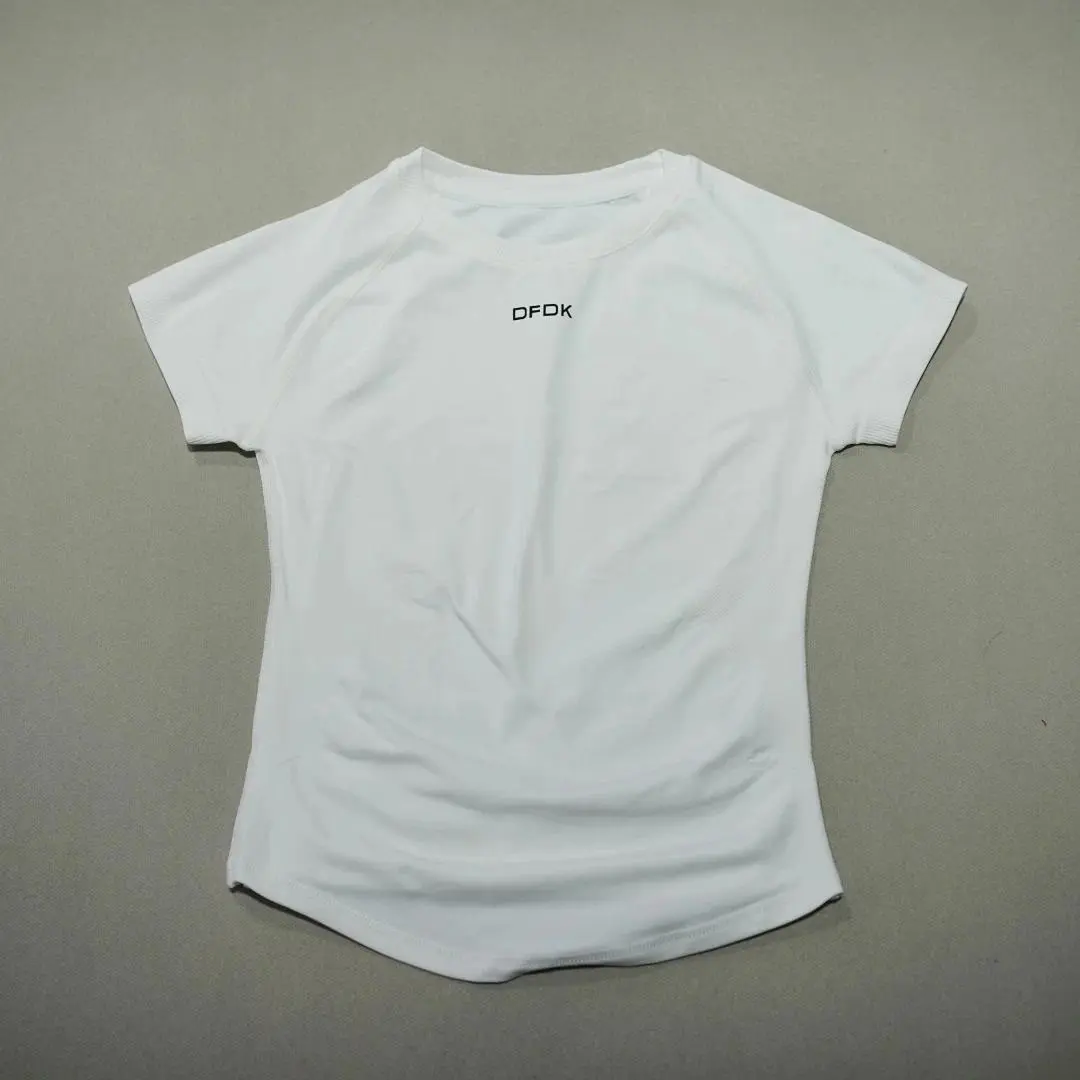 DFDK New Women Breathable Quick Dry Sports T Shirt Round Neck Short Sleeve Elastic Slim Fit Compression Casual Tops Gym Yoga Run