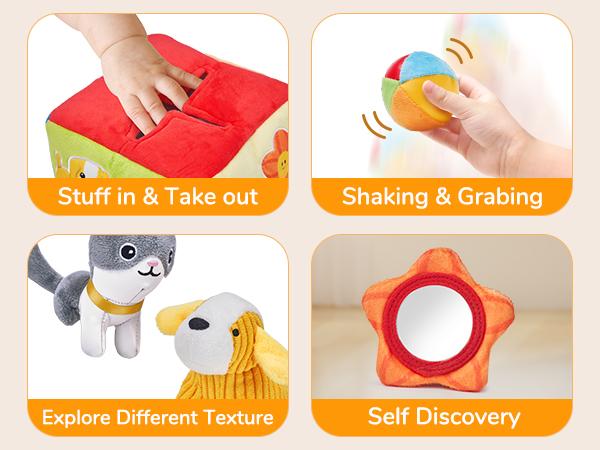 JoyCat Baby Toys, Surprise Mystery Soft Box with 10 Sensory Objects, Rattle, Crinkle Paper, Mirror, Soft Busy Toys, Stuffed Sensory Toys, Christmas Gift for Boys & Girls