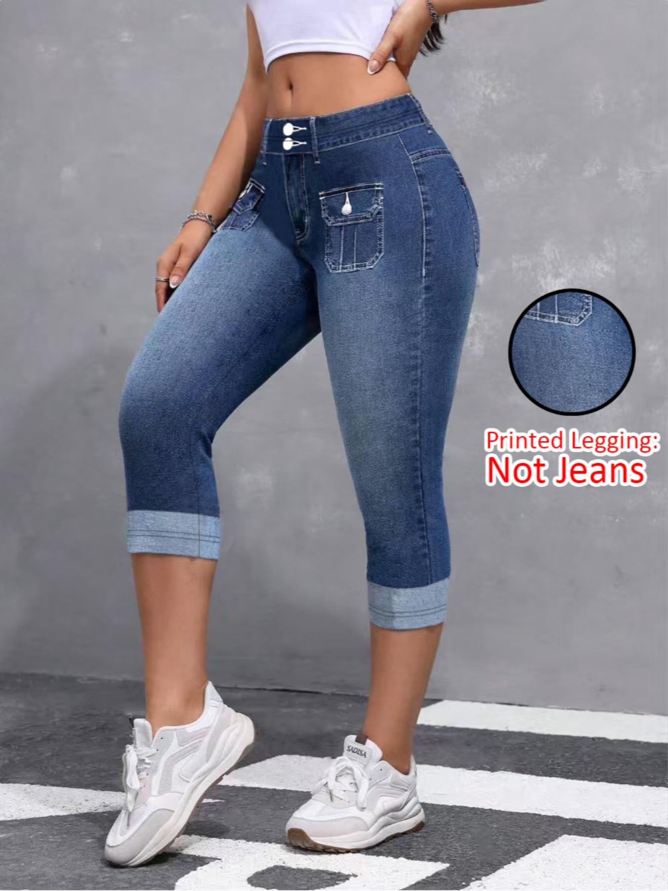 Women's Tight Fit Seven-Quarter Pants, Faux Denim Print, Slim-Fitting Casual Bottoms, All Season Wear, Comfortable and Stylish