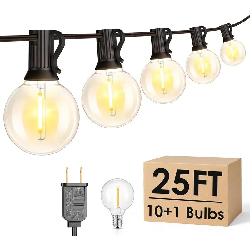 Outdoor sports 25FT G40 LED Outdoor String Lights with 10+1 Bulbs, Plug-in, Black| Waterproof, Shatterproof, Dimmable, Connectable, Energy-saving, Patio Lights Porch Balco Backyard Party Classroom Decor