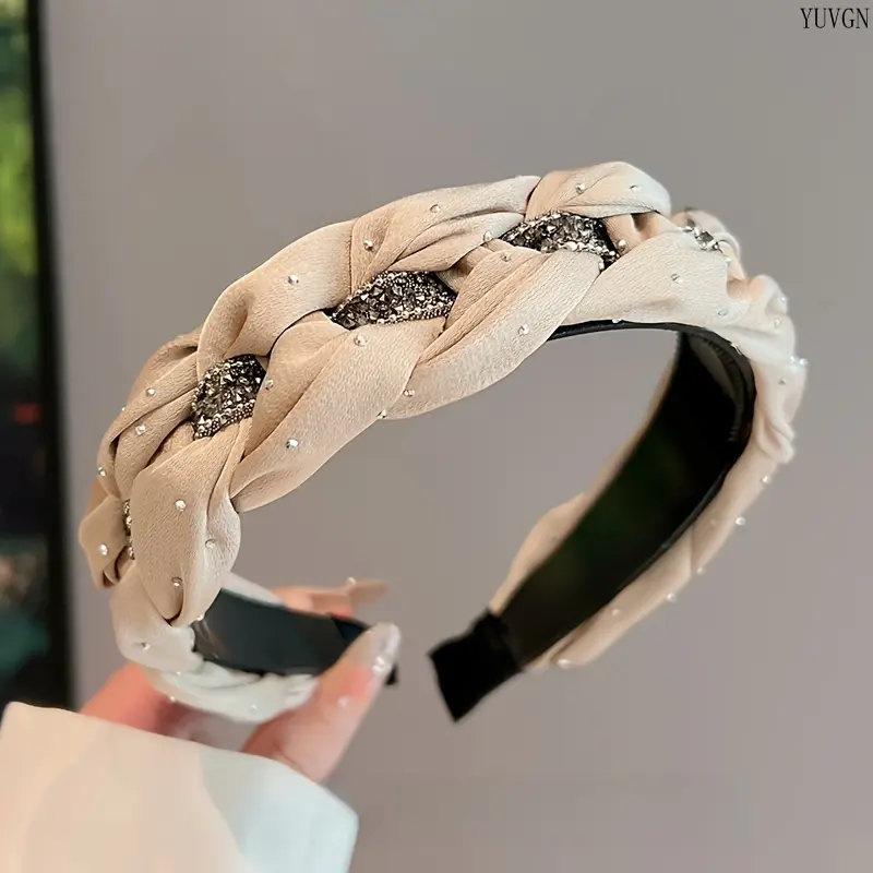 Braided Satin Wide Headband, Rhinestone Inlaid Non Slip Hair Hoop, Elegant Padded Hairband, Chic Women Hair Accessories for Daily Makeup Work Hairstyle Decor