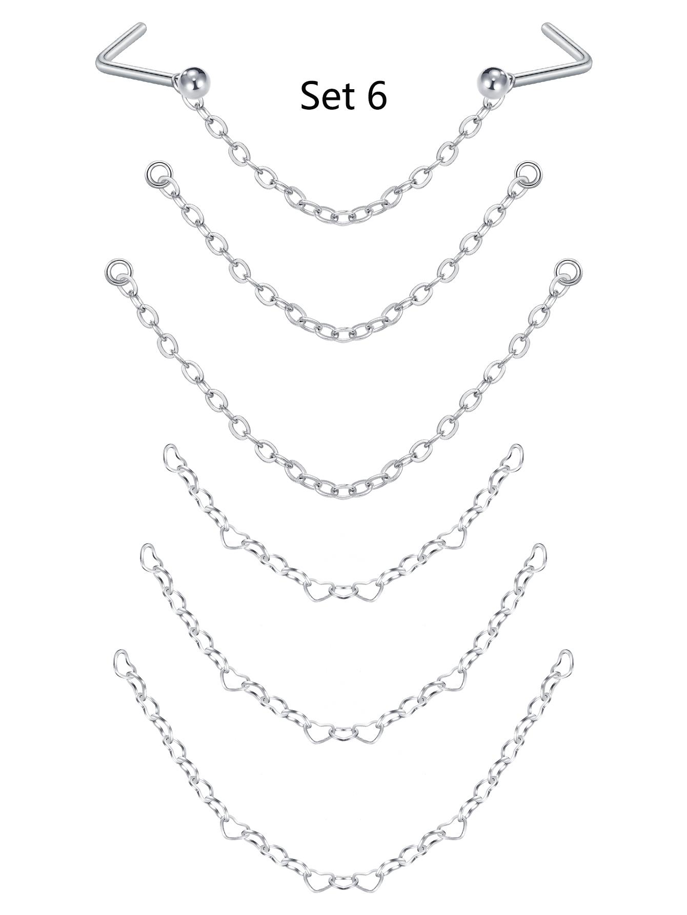 Stainless Steel Cz Nose Chain Piercing, 20g L Bone Shaped Nose Ring Chains for Women, Cz Nose Studs with Chains, Nostril Piercing Jewelry, Nose Piercing Kit