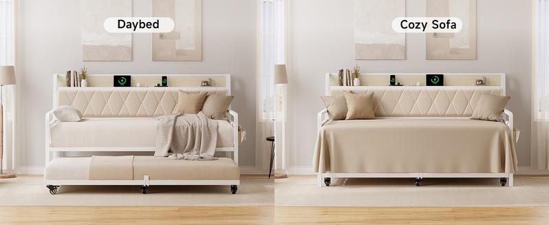 【Valentine's Day gift】ONBRILL Twin Daybed with Trundle, Metal Bed Frame with Ergonomic Upholstered Headboard & Charging Station, Sofa Day Bed with Pop up Trundle for Living Room, Bedroom, Playroom, and Guest Room