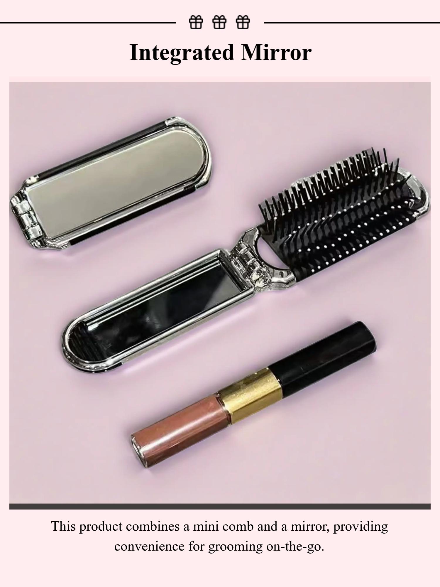 Cute Foldable Mini Comb Portable Ladies Mirror Cushion Integrated Small Massage Pad Comb, Abs Plastic Handle, Hair Styling Tool, Folding Comb