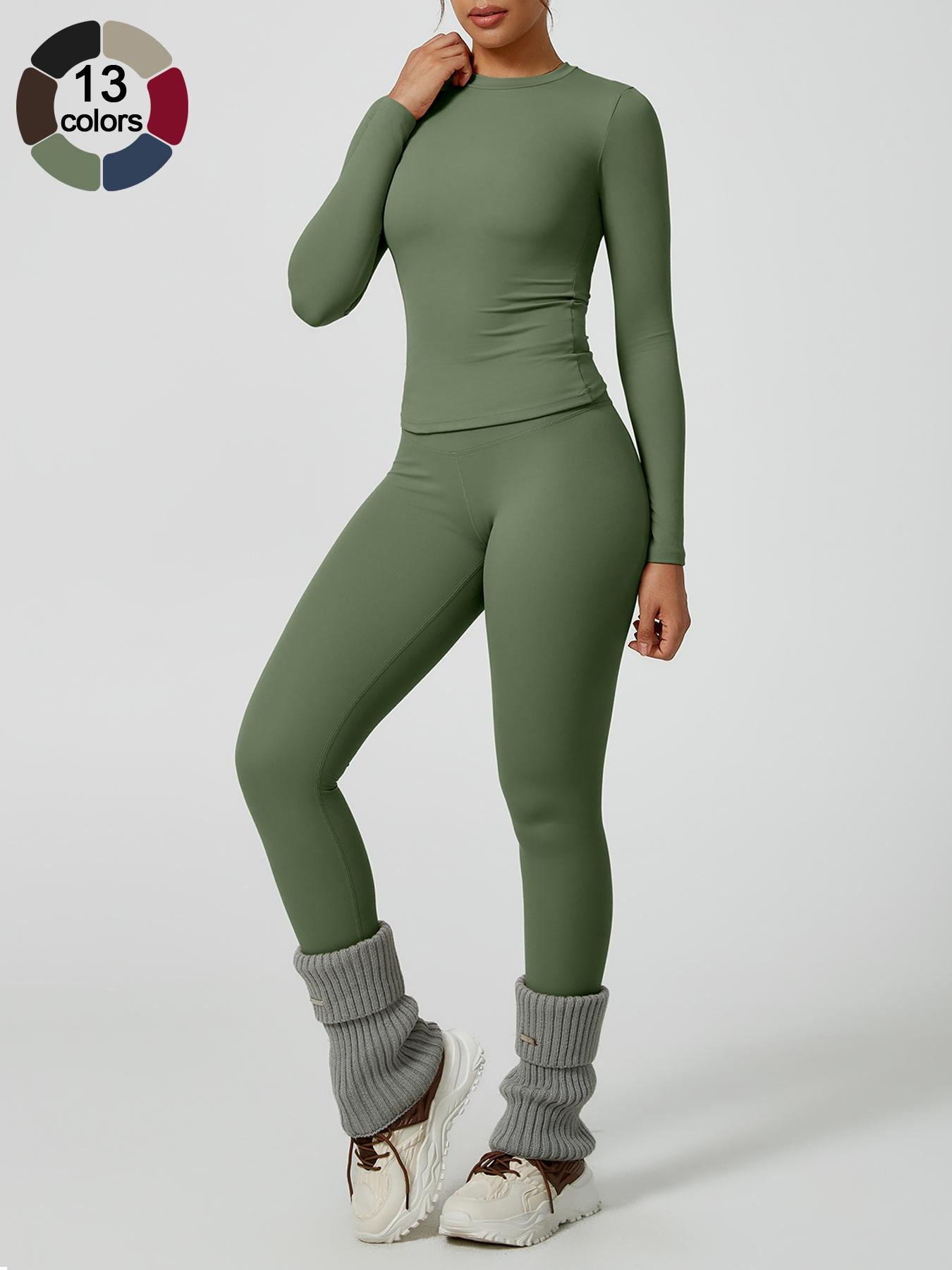 Women's Solid Long-Sleeve Tee & High-Waist Leggings Set, Sporty Round Neck Top & Skinny Pants 2-Piece Set for Gym Workout and Running, Ladies Fall & Winter Sportswear, Sports Fitness Wear, Workout Running Outfits