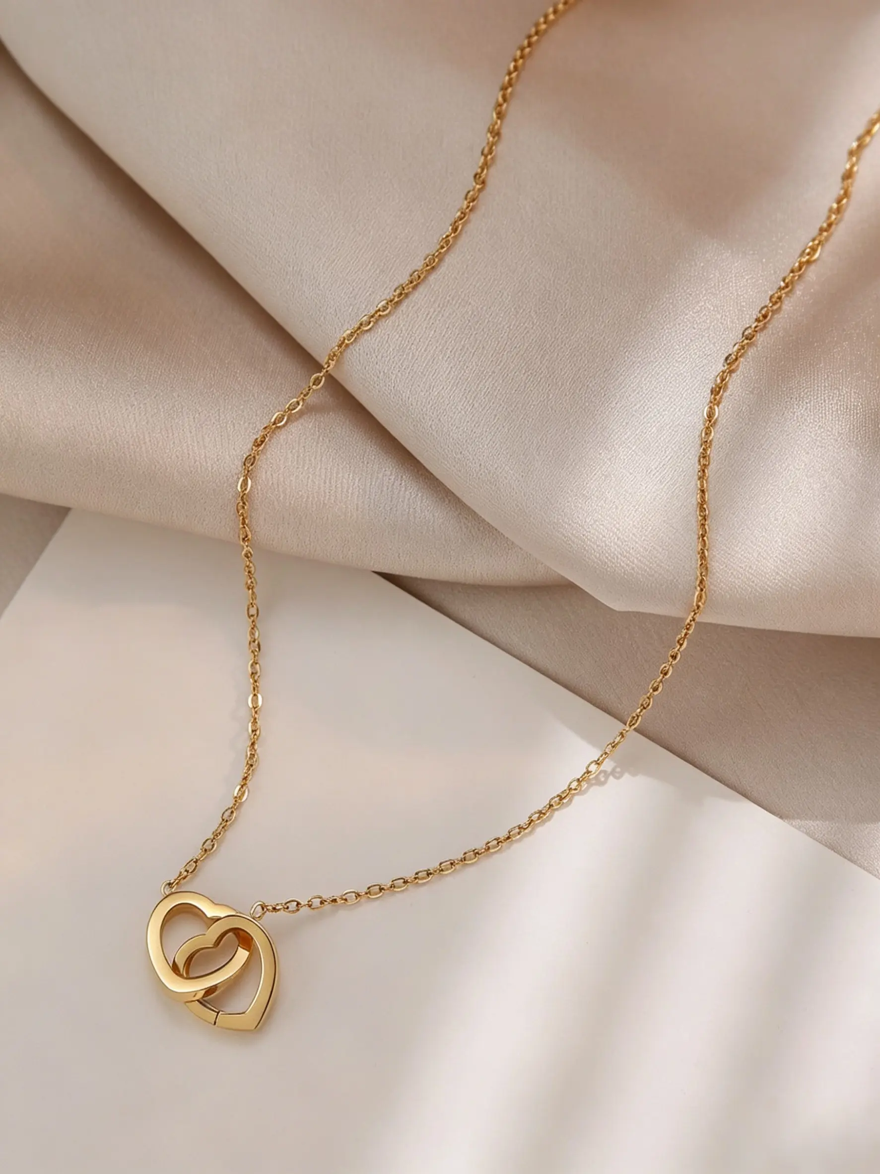 18k Rose Gold Plated Interlocking Double Heart Necklace, Titanium Steel, Hypoallergenic, Graduation Birthday Gift for Her