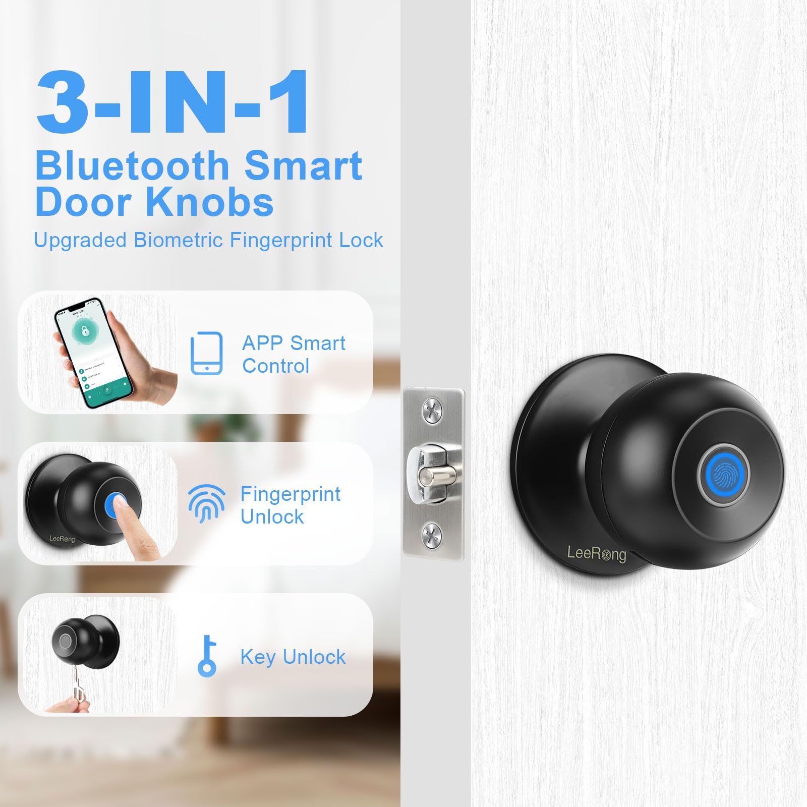 Valentine's Day Gift EUERTE Fingerprint Door Knob Biometric Smart Lock with APP Control 3-In-1 Fingerprint Unlock 5s Auto-Lock Rechargeable Battery Easy Installation for Bedroom Garage Apartment