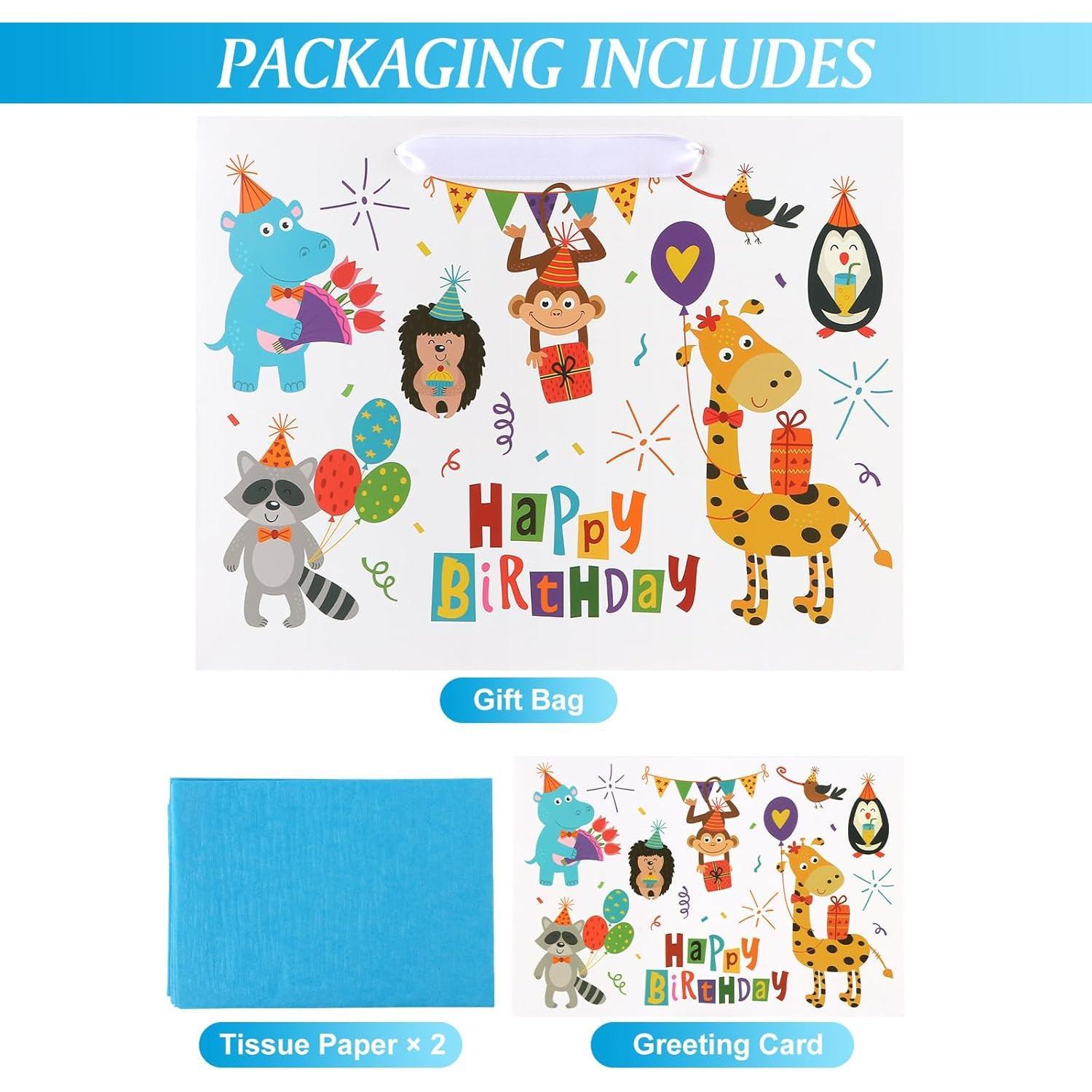 13" Large Size Happy Birthday  Bag Zoo   with Happy Birthday Sign  Bag with Greeting Card and Tissue Paper for   Girls Boys Men Women Bday