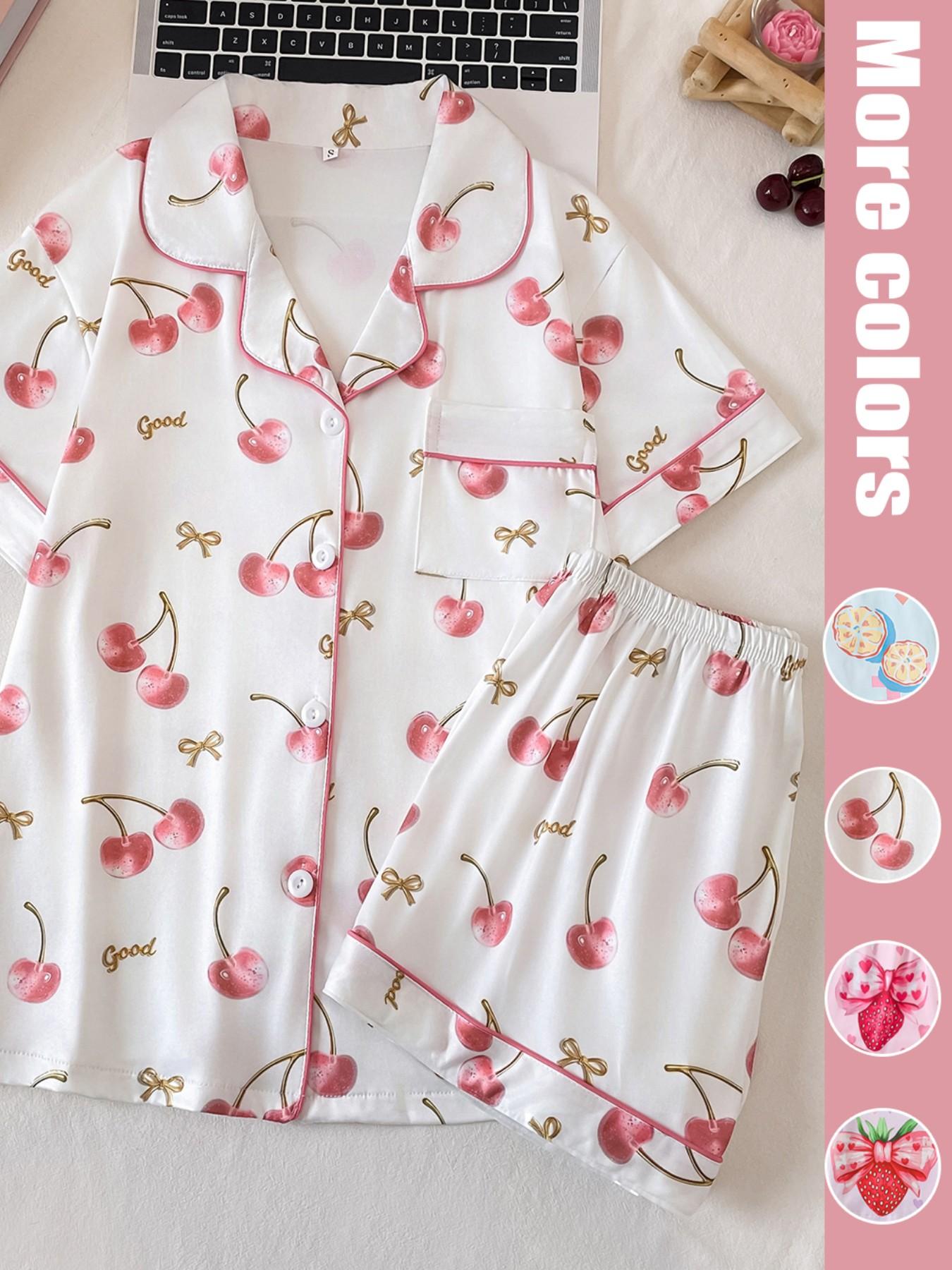 Women's Strawberry & Heart Print Lapel Neck Shirt & Shorts Matching Pyjama Two-piece Set, Ladies Sleepwear for All Seasons, Loungewear, Pajamas