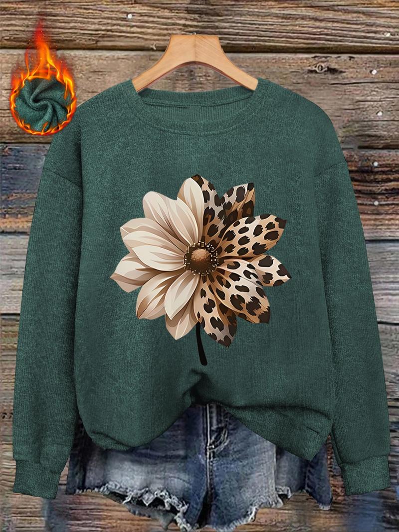 [Autumn and Winter] Leopard print flower print women's casual and fashionable round neck faux wool top, women's round neck faux wool top, letter, pattern comfortable round neck faux wool top, suitable for autumn and winter season