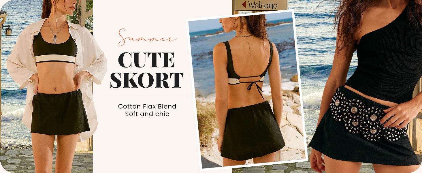 Molitree Womens Cotton Linen Skorts Casual Cute A-Line Mini Skirts with Ruffle Inner Waistband Athletic Shorts Activewear