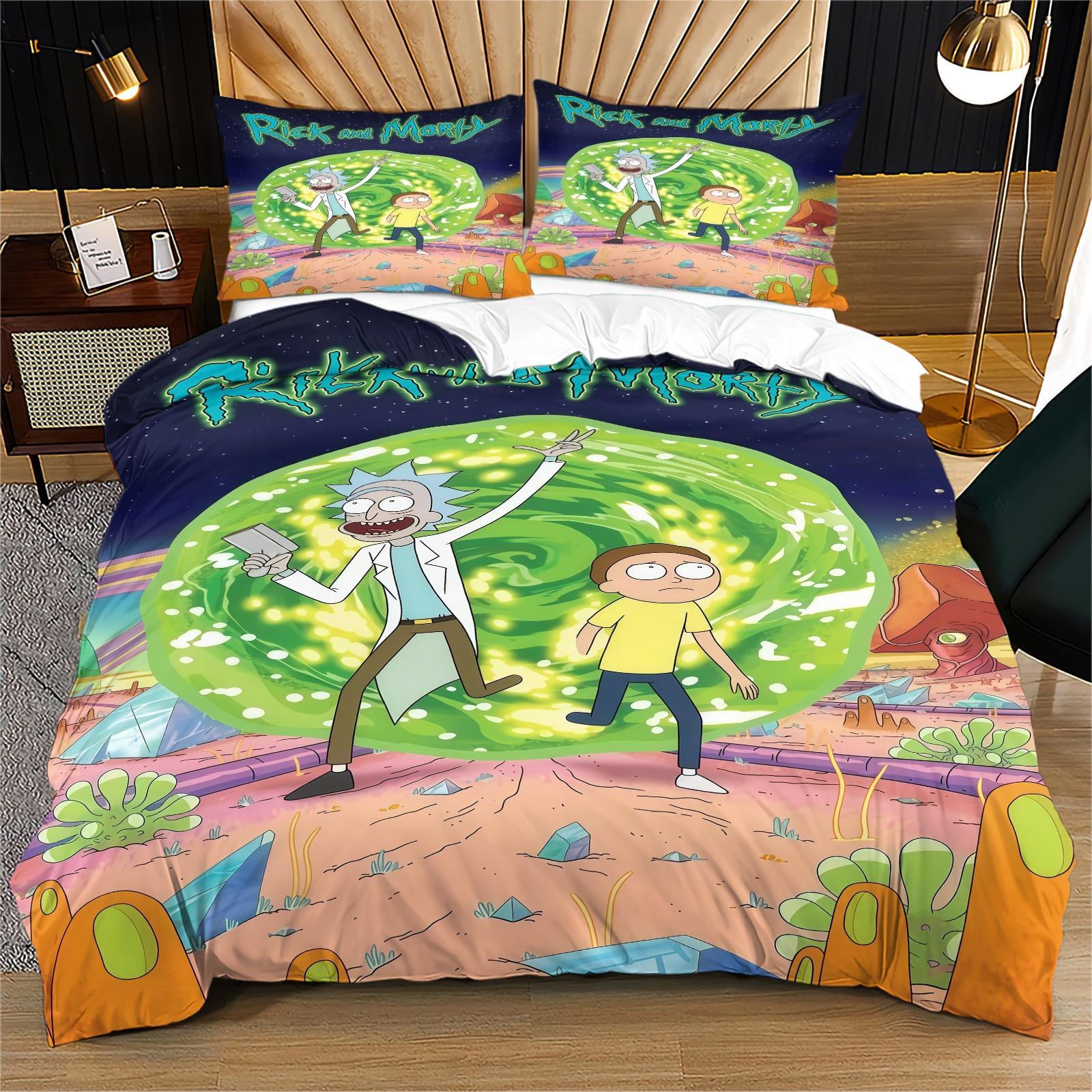 Rick and Morty Pattern Printed Soft Durable Bedding Set, Bed Sheets Set, Includes 1 Fitted Sheet and 1 or 2 Pillowcases, Excluding The Core And Pillow Core, Modern Style Bedroom Decor, Bed Sheet Sets