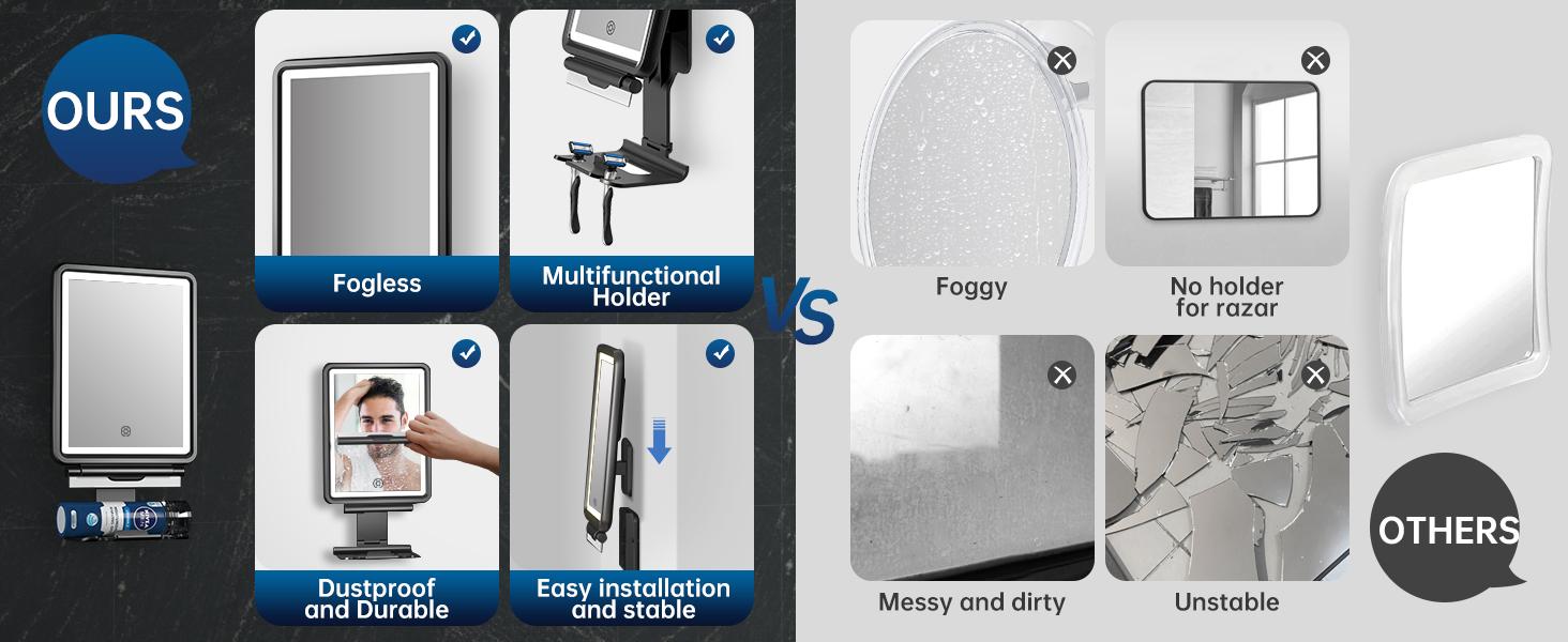 Shower Mirror Fogless for Shaving with Squeegee to Keep Clean or Remove Foggy Mess, Fogless Mirror for Shower Two Mounting Solution, Dimmable Lighting