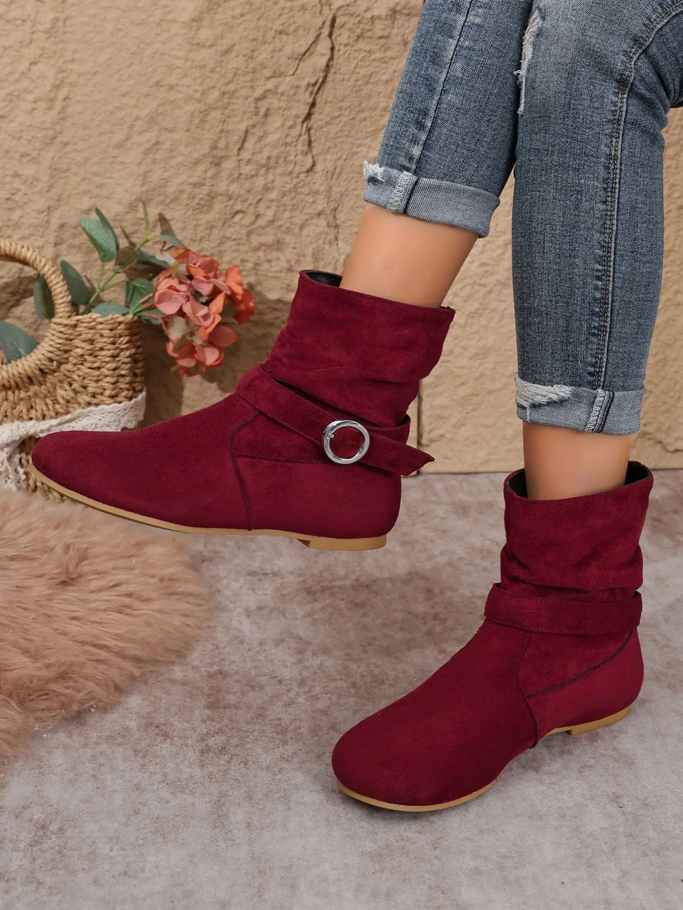 Women's Mid-Calf Boots, Plain Textile Upper, Pointed Toe, Rubber Sole, Buckle, Fashionable Ankle Boots for Daily Commute, Spring & Fall