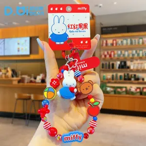 Kawaii Miffy Rabbit Keychain Cute Cartoon Red Fruit Story Bow Embroidered Creepy Keychain Best Friend's Festival Gift