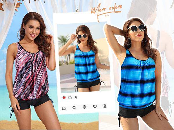 Yonique Blouson Tankini Swimsuits for Women Two Piece Bathing Suits Tops with Boyshorts Modest Loose Fit Swimwear Ladies Swimsuits for Older Women Tummy Control Swimsuits with High Waisted Boy Shorts