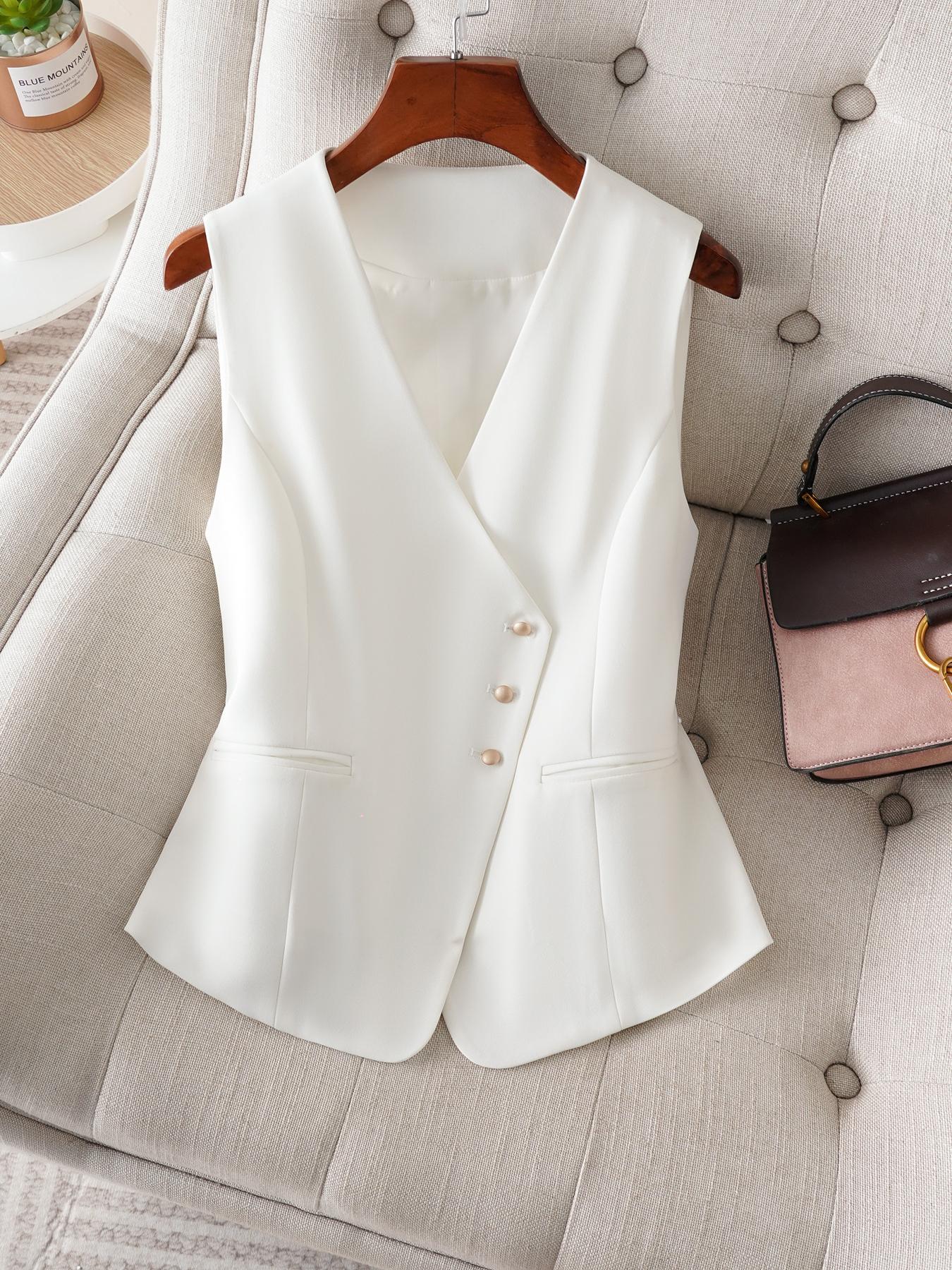 Women's Solid Asymmetrical Button Front Vest Blazer, Elegant V Neck Sleeveless Outerwear, Ladies Spring & Fall Clothes for Work Office Business, Blazer Jackets