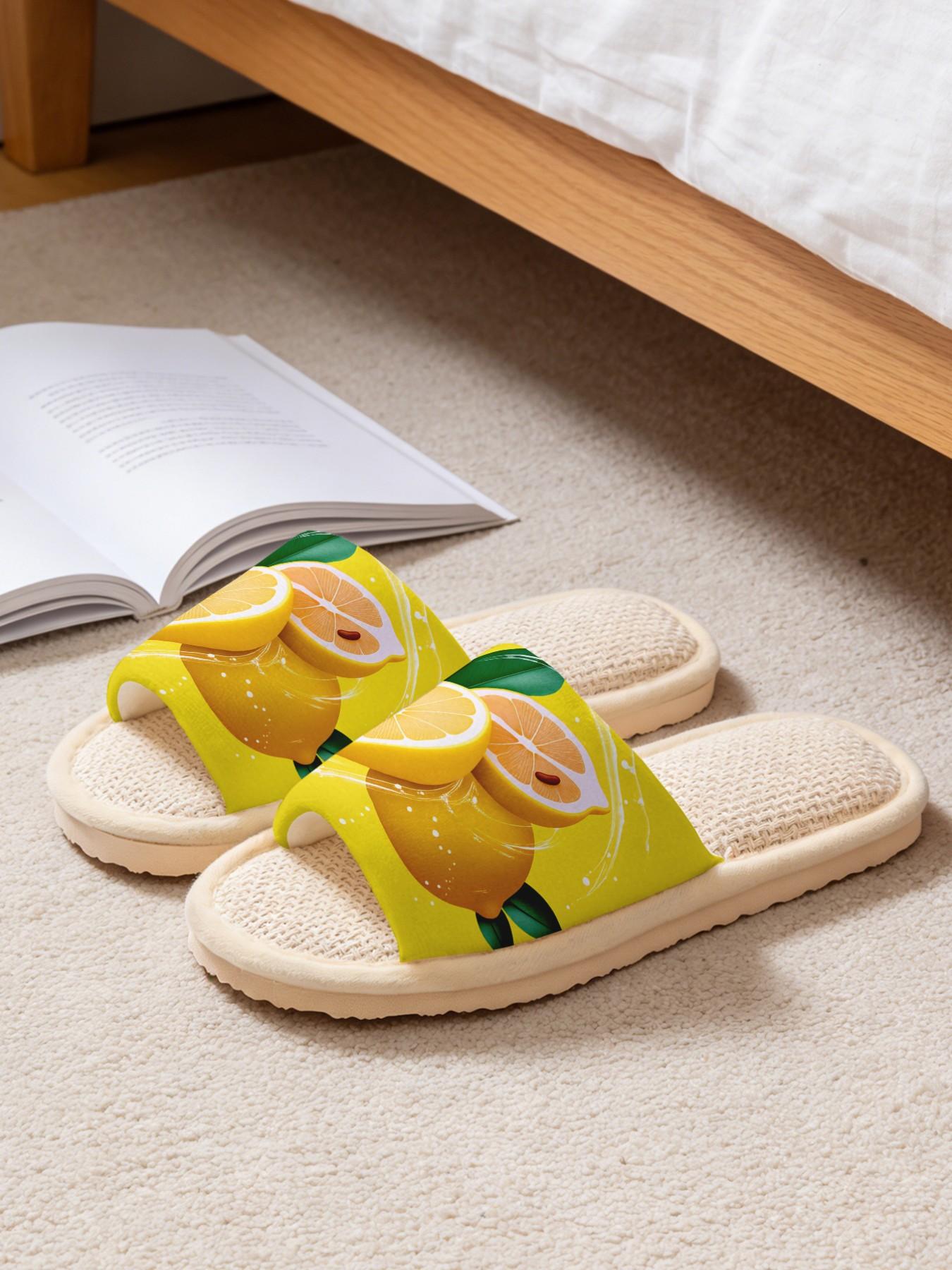Women's Home Slippers, Lemon Print, Soft Eva Sole, Non-Slip Quiet, All-Season Casual Footwear, Textile Upper, Flower Design