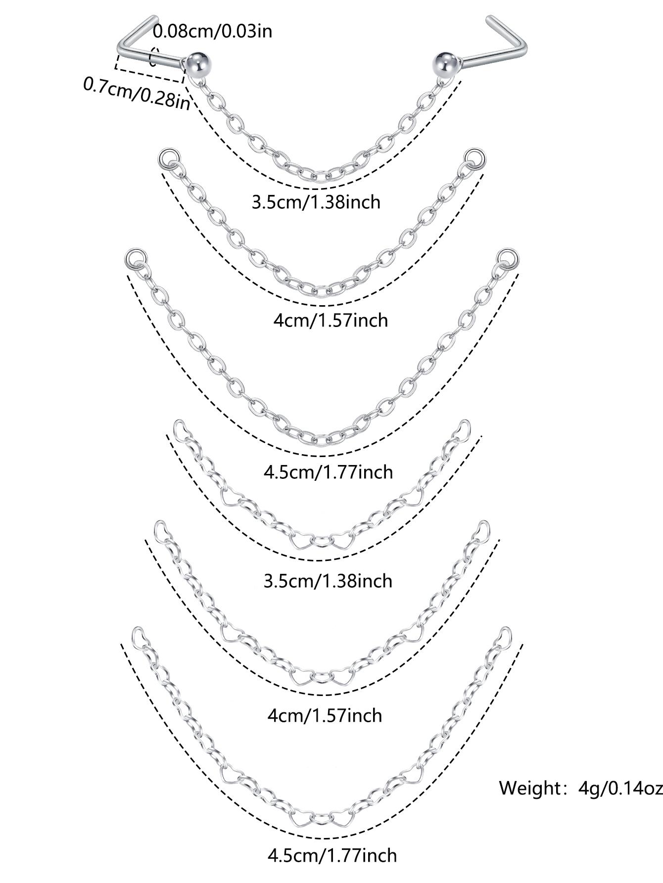 Stainless Steel Cz Nose Chain Piercing, 20g L Bone Shaped Nose Ring Chains for Women, Cz Nose Studs with Chains, Nostril Piercing Jewelry, Nose Piercing Kit