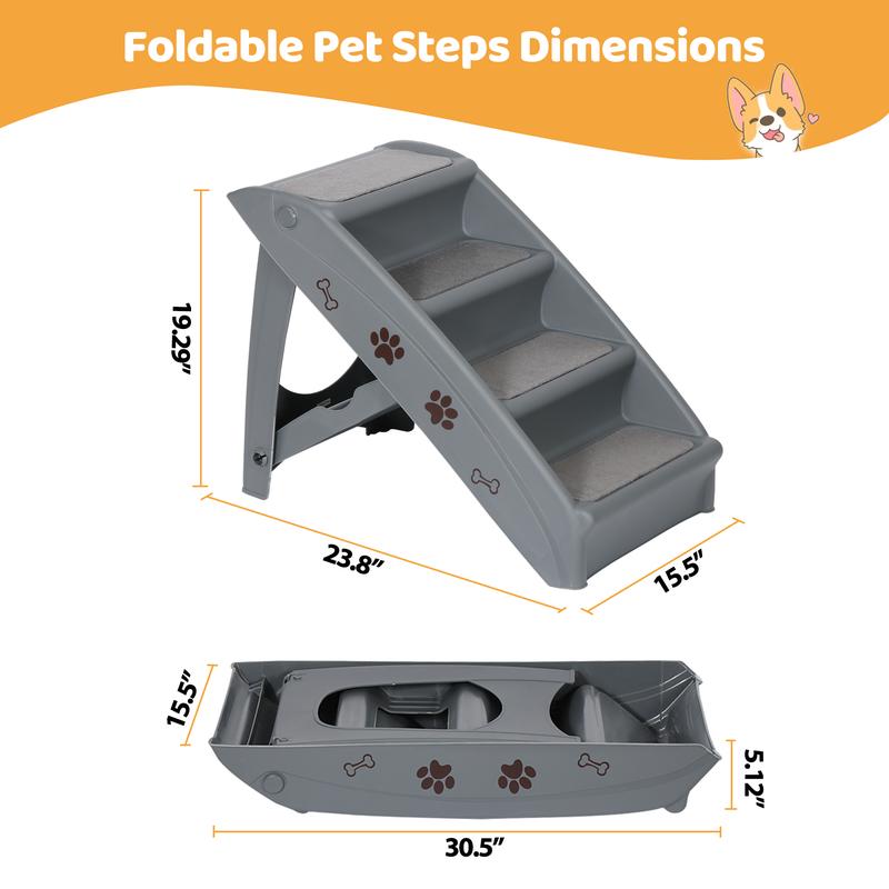 Pet Republic 4 Step Non-Slip Pet Stairs Foldable Steps for Small Dog W/Washable Carpets, Gray