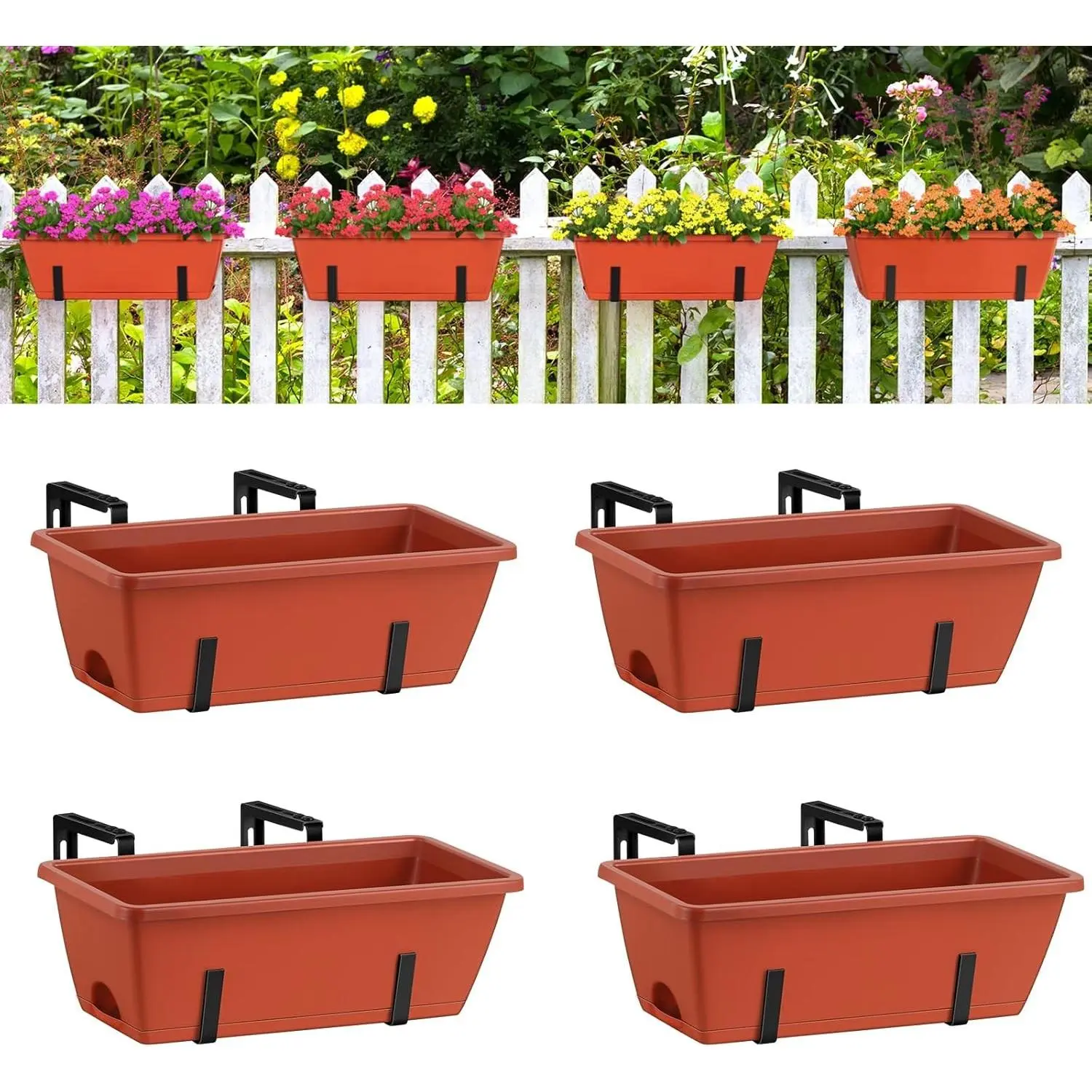 Window Boxes Planters 17’’ Railing Planter Box with Adjustable Brackets, 4 Pack Hanging Deck Railing Planters Rectangular Flower Pots for Outdoor Patio Balcony Fence