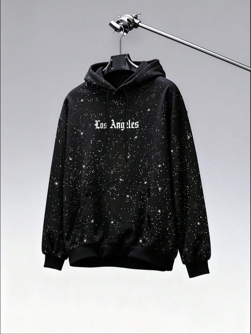 Men's Fleece Hoodie Sweatshirt, College Style Letter Print, Silver Color Sequins, Kangaroo Pocket, Casual Fall & Winter Wear