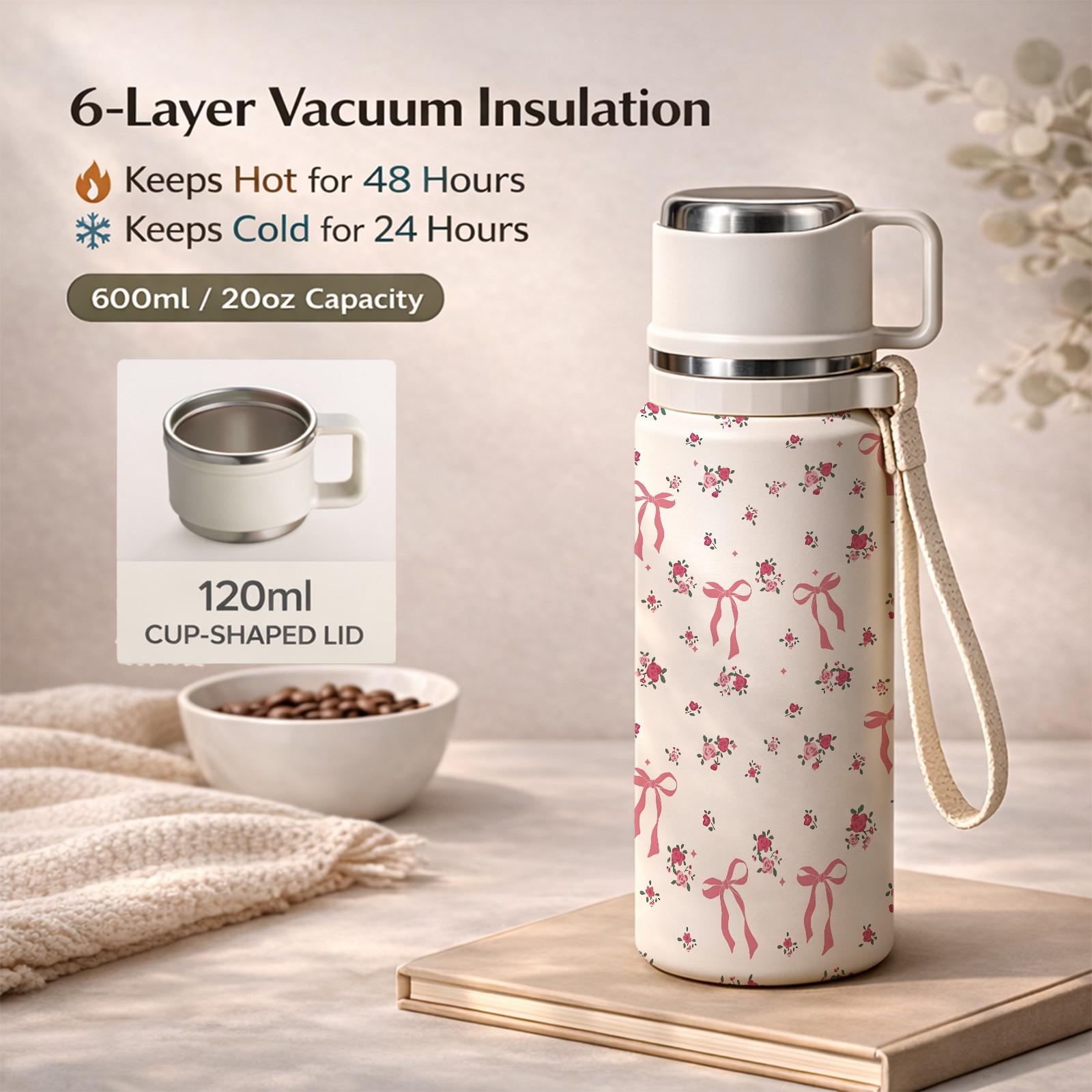 1 Pc Thermal Mug, 600ml Vacuum Cup, Double Wall Insulated Mug, Leak Proof Skinny Tumbler With Handle And Strap, 48 Hours Hot 24 Hours Cold, Portable Travel Mug For Coffee Tea, Gift For Women Men Holiday Daily Use