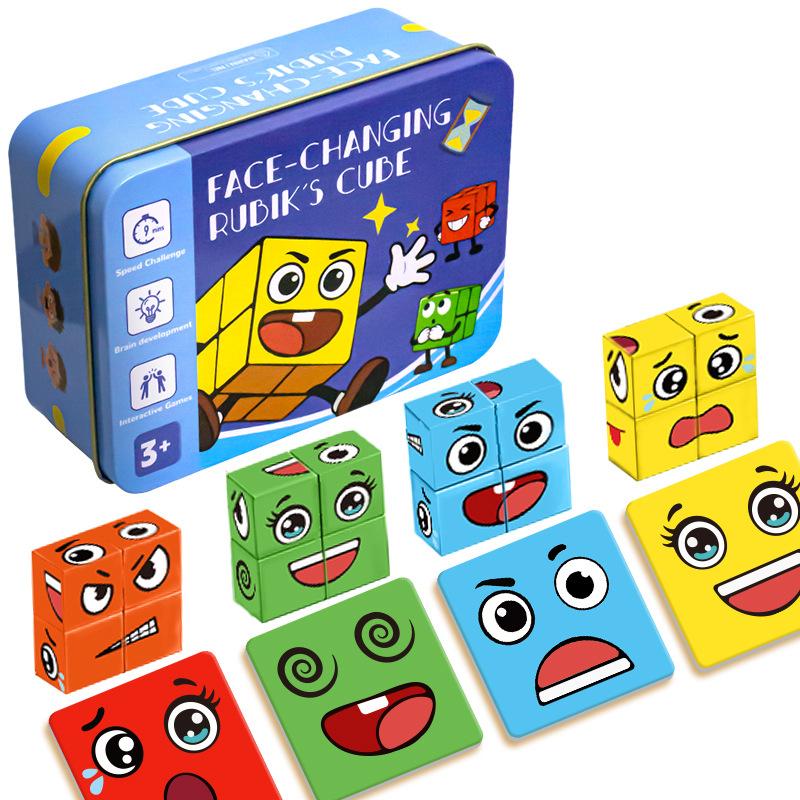 Wooden Face Changing Magic Cube Game[16 blocks + 72 cards], Expression Puzzle Building Blocks Pattern Matching Game, Educational Puzzles Toy Board Games for Kids and Adults with Bell