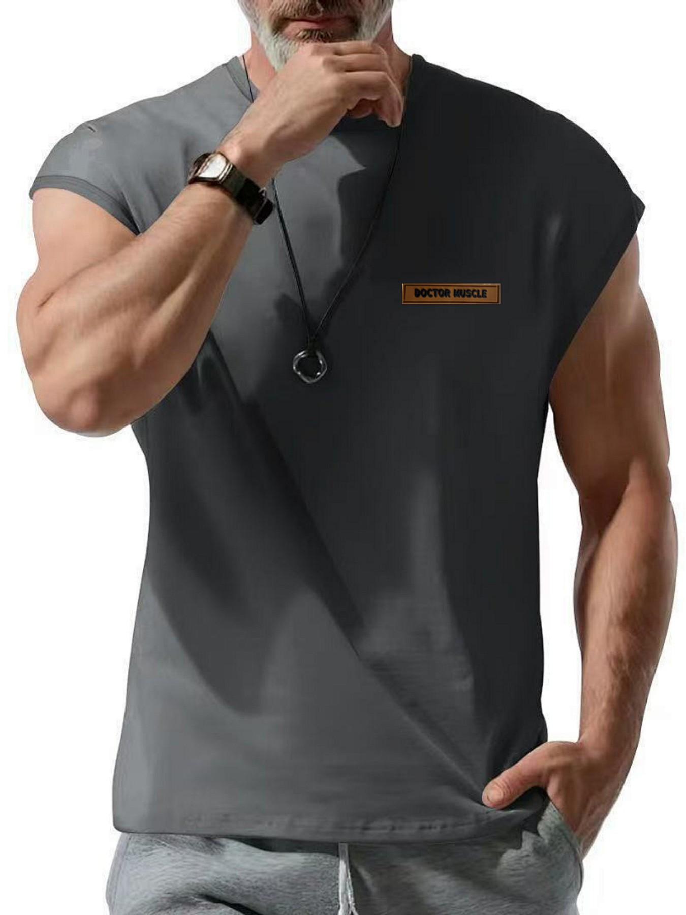 Men's Casual Round Neck Muscle Tank Top, Breathable Summer Sports Shirt with Leather Patch Details, Comfortable and Stylish