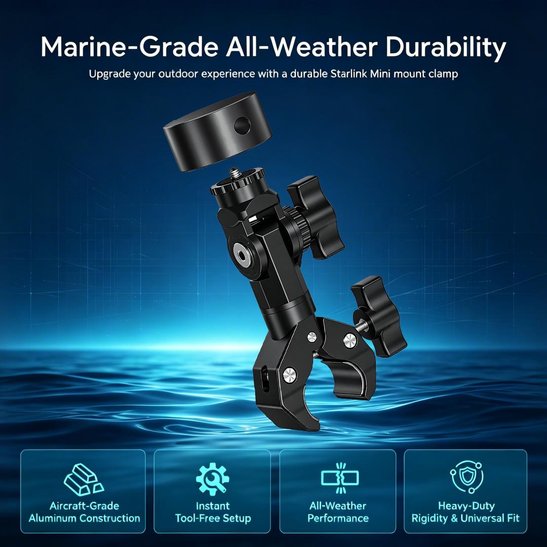 Starlink Mini Clamp Mount, Adjustable Pole & Roof Rack Bracket with 1/4" Screw, Portable Mount Holder for RV, Truck, Camping & Outdoor Use