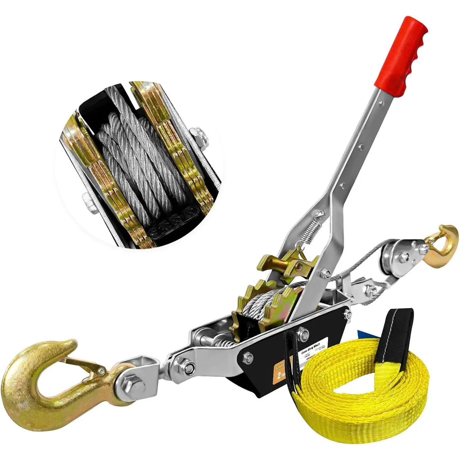 Come Along Winch Heavy Duty, 10FT 2T Come Along Pulling Tool 2 Gears 2 Hooks, Cable Winch Puller, Come Along Power Puller Ratchet Tool for Construction Automotive Farm Fences (with Straps)