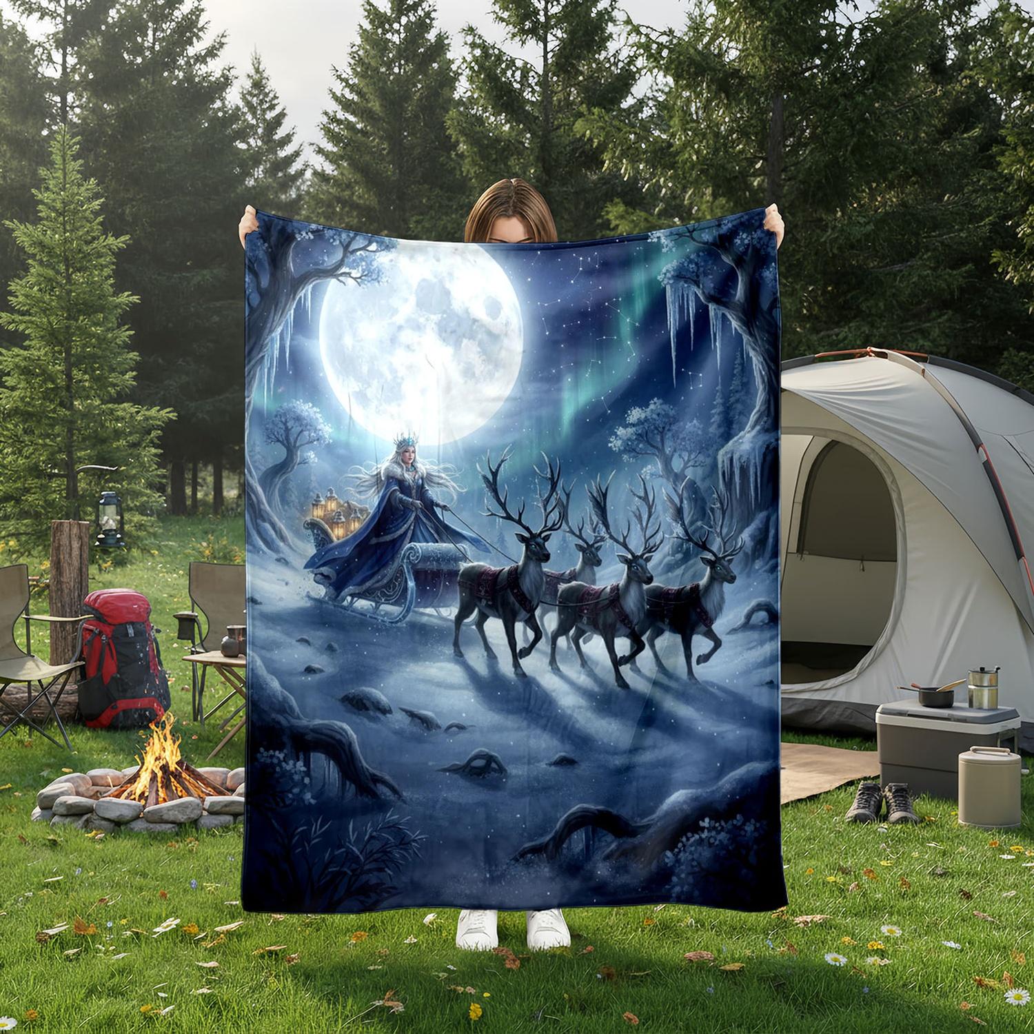 1pc Snow Queen Reindeer Sleigh Flannel Blanket, Super Soft Cozy Warm Throw for Sofa, Bed, Travel, Office, Camping, Luxury Adult Holiday Gift Decor.