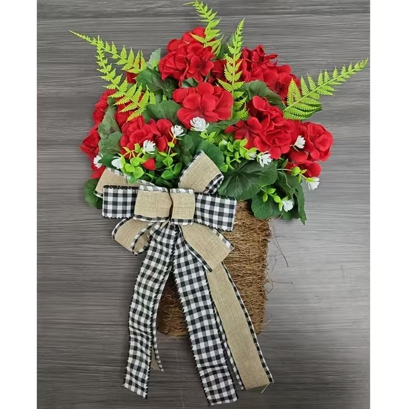 Spring Summer Geranium Artificial Flower Basket Wreath, Plaid Ribbon, Farmhouse Style Door Decor, Mother's Day Decoration