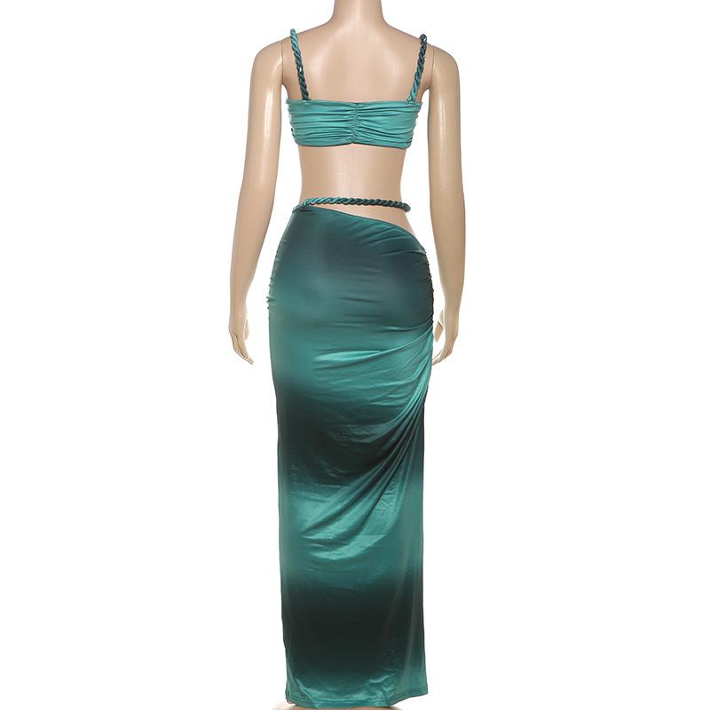 DOUCIU Multicolor Summer Beach Vacation Cool Light Sexy Hot Thin Women's Twisted Spaghetti Strap Vest Skirt Two-Piece Set, Lady Clothes, Plain Skirt Set