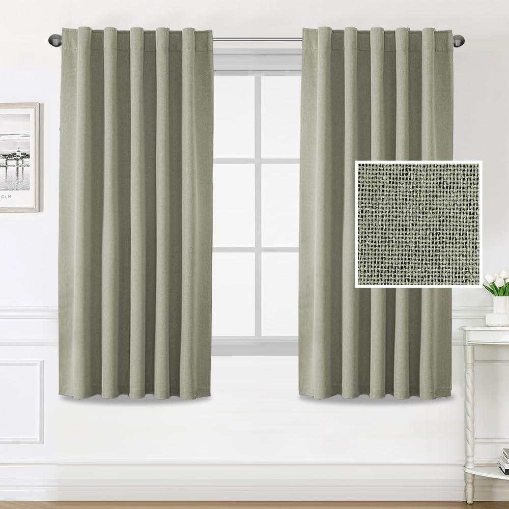 H.VERSAILTEX 100% Blackout Faux Linen Curtains for Bedroom Full Light Blocking Drapes with Double Face Linen Back Tab Loop Pocket Textured Burlap Curtains for Living Room 2 Panels