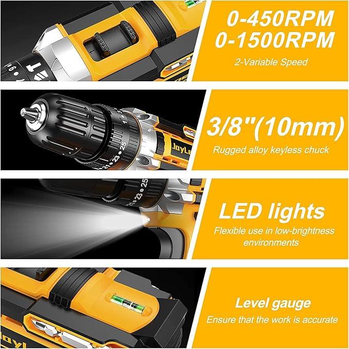 Cordless Drill Tool Set  21V Electric Power Drill with 2.0AhLithium-ion Battery and Charger–USB/Type-C Rechargeable, Portable, All-in-One DIY & Home Toolbox Kit,Blackfriday,Christmas Gift