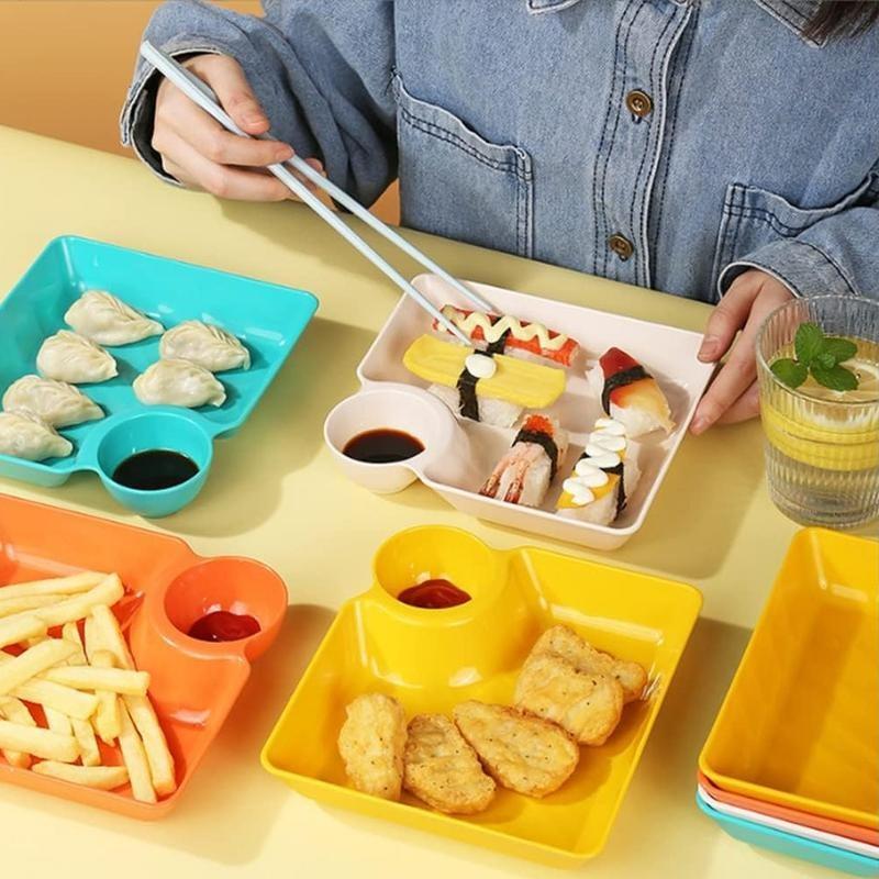 4 Plastic Dumpling Plates with Sauce Compartment, Serving Plate, Salad Plate, Snack Plate, Sushi Plate, Appetizer Plate, Tortilla Dip Plate, Party Plate, Picnic Plate Set, Plastic Food Plates, Dinnerware