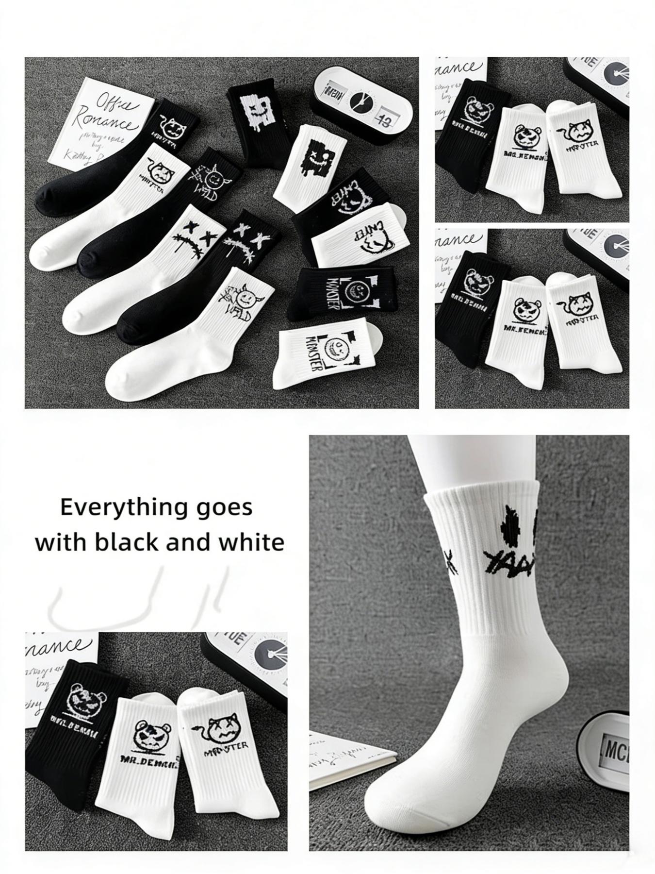 10 Pairs Ghost Face Graffiti Prints Long Socks, Trendy Basketball Sports Mid-Calf Socks, Random Style, All Seasons Fashion, Casual Daily Socks